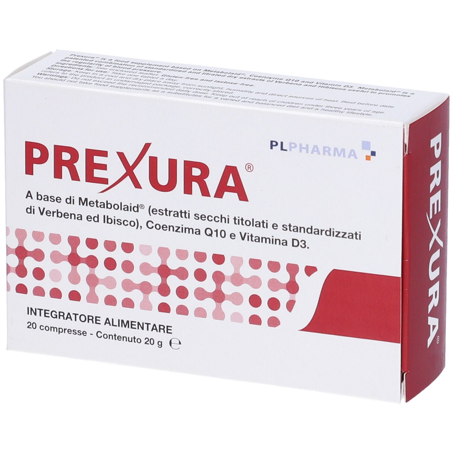 Weiße Schachtel mit roter Seite. Text: PREXURA, Integratore Alimentare. Enthält 20 Tabletten. PL Pharma Logo.