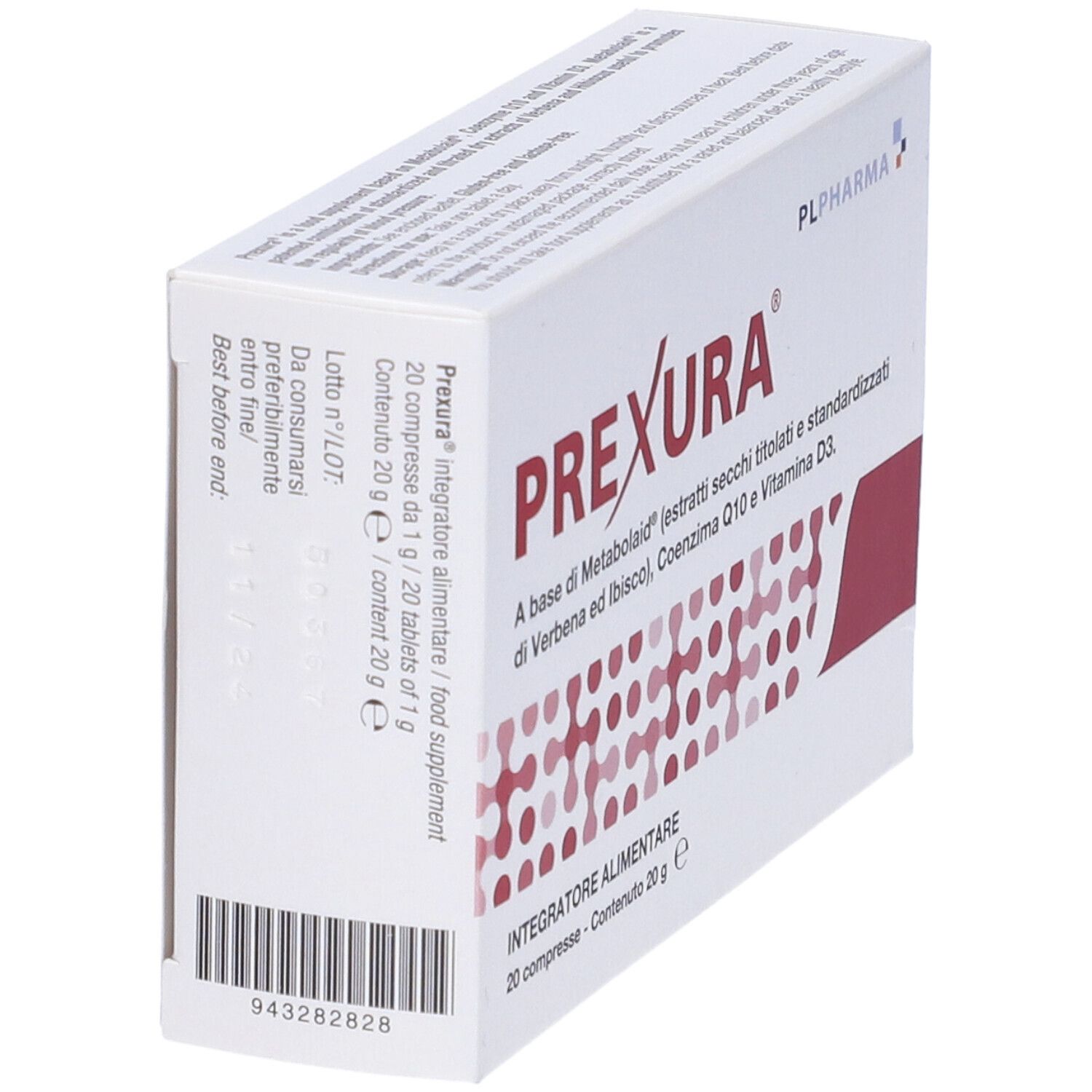 Weiße Schachtel, schräg. Text: PREXURA, Integratore Alimentare. Enthält 20 Tabletten. PL Pharma Logo. Barcode.