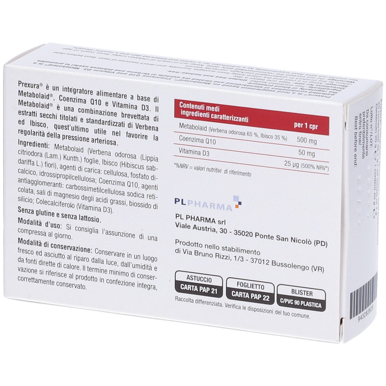 Rückseite der weißen Schachtel. Text: Inhaltsstoffe, Nährwertangaben, PL Pharma Adresse. Barcode.