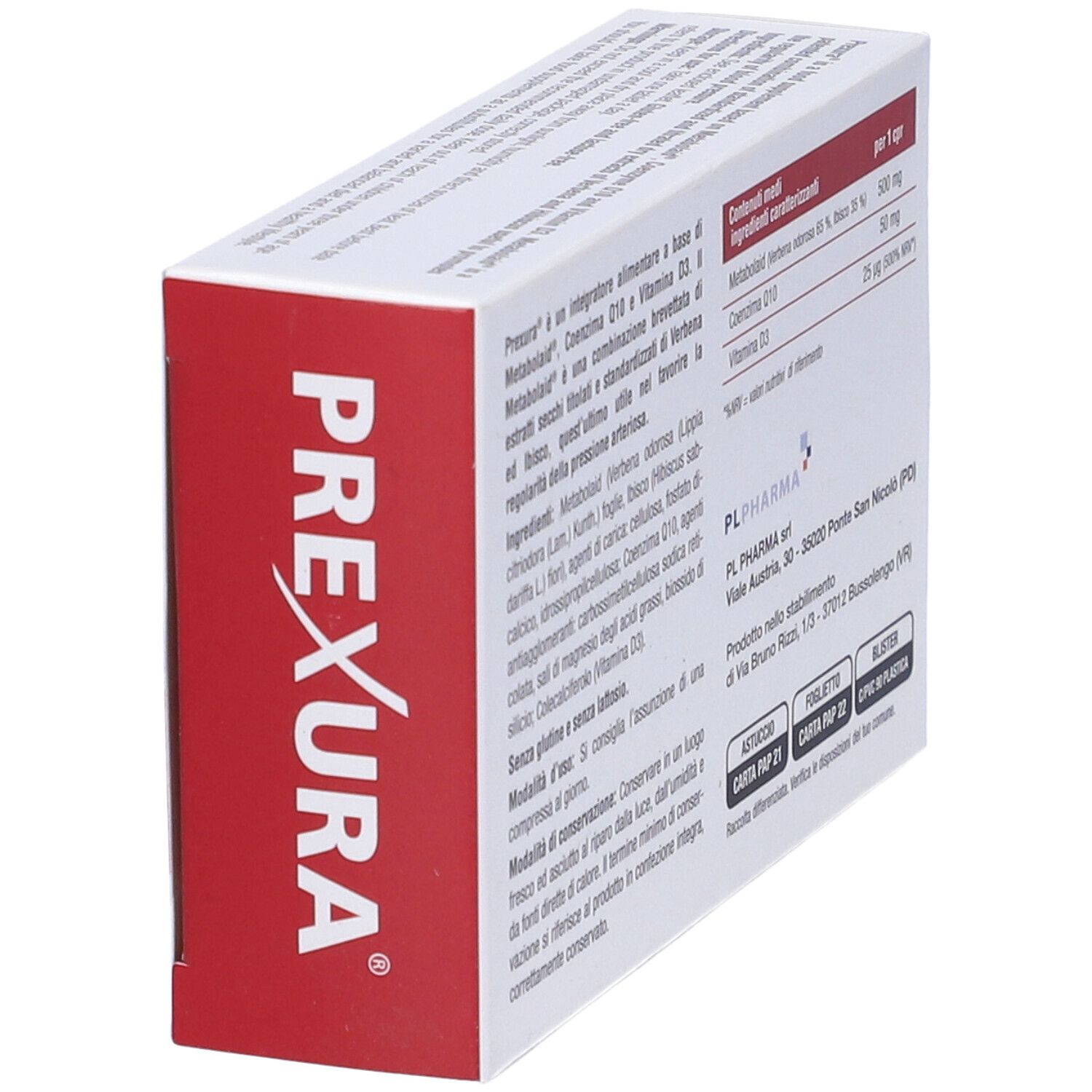 Weiße Schachtel mit roter Seite. Text: PREXURA. Rückseite mit Inhaltsstoffen und Nährwertangaben.