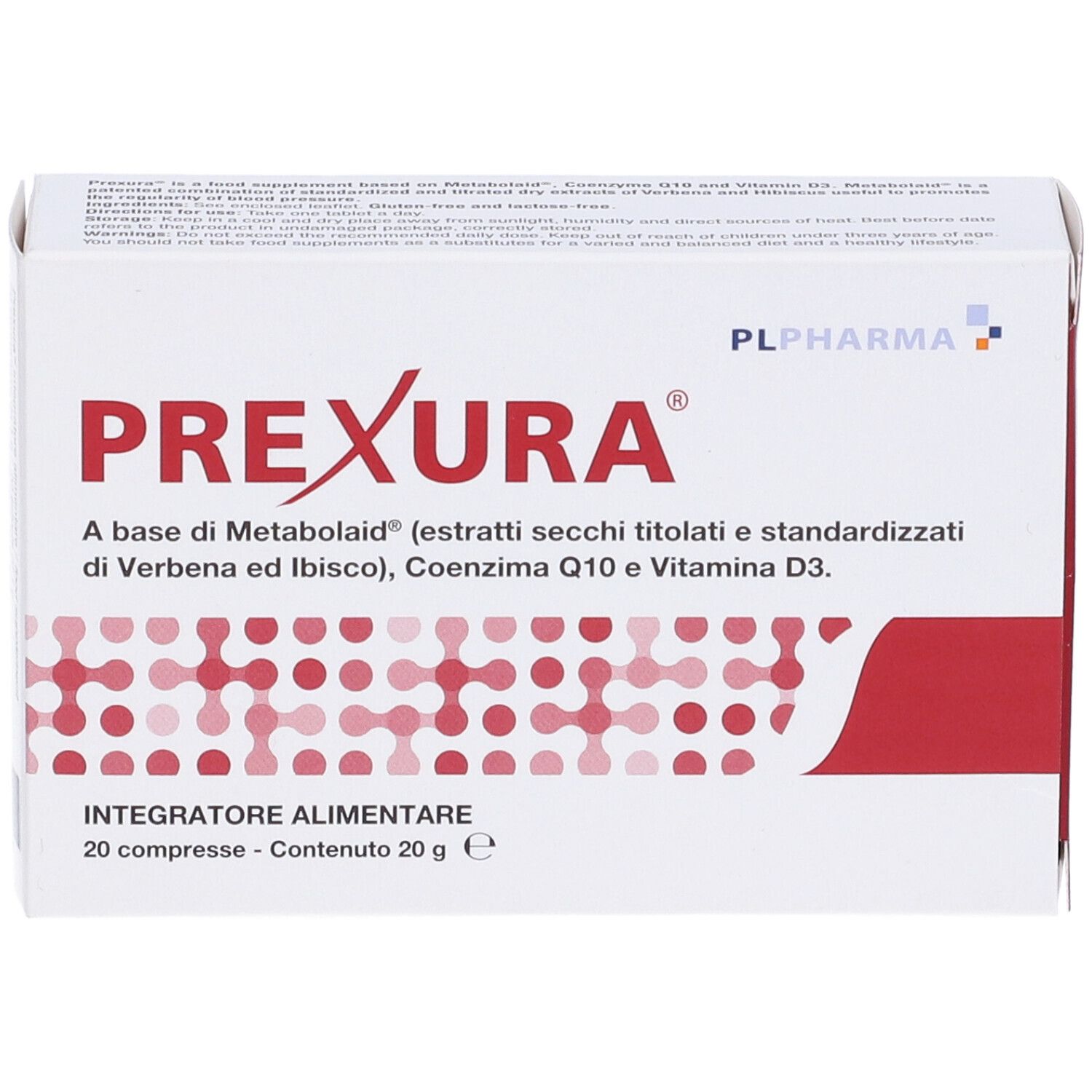 Weiße Schachtel mit roter Schrift. Text: PREXURA, Integratore Alimentare. Enthält 20 Tabletten. PL Pharma Logo.