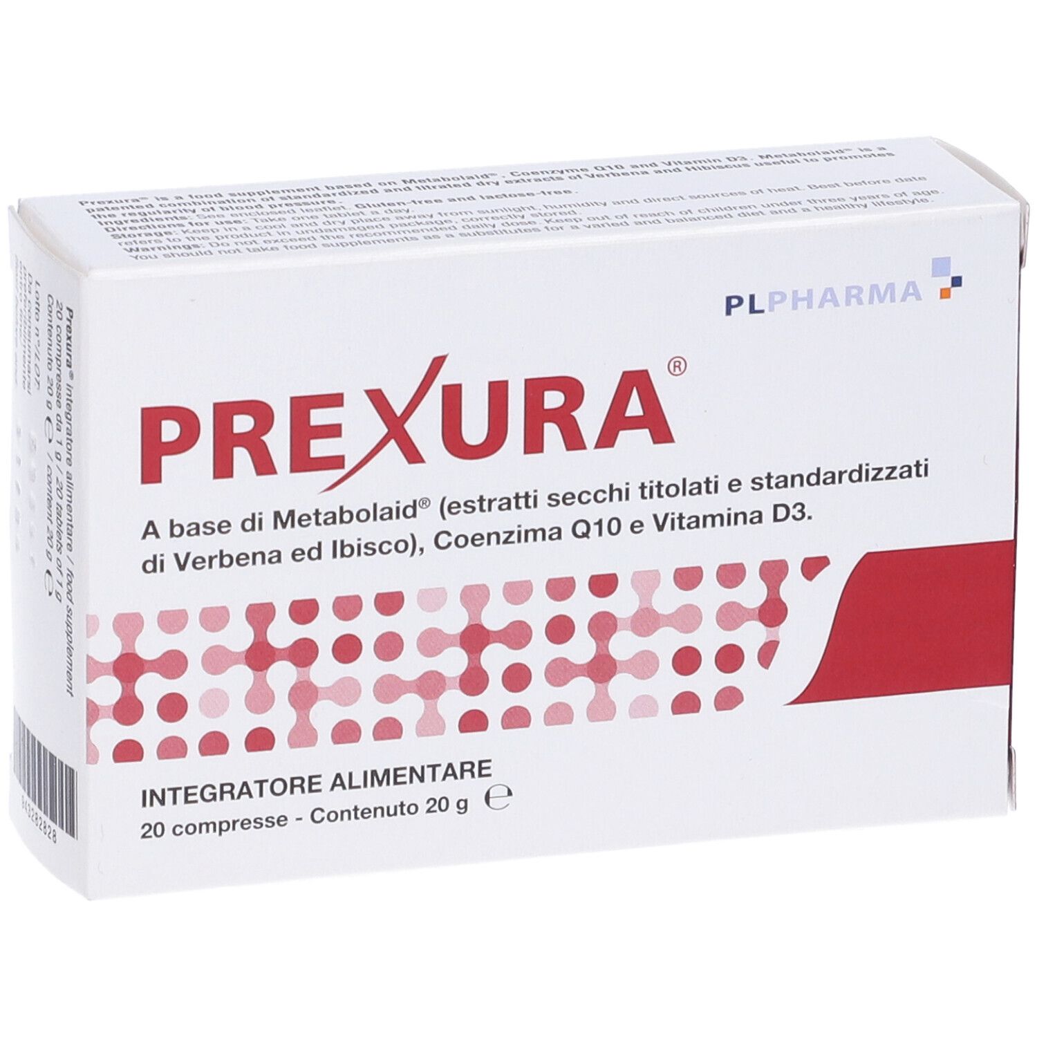 Weiße Schachtel mit blauer und roter Schrift. Text: PREXURA, Integratore Alimentare. Enthält 20 Tabletten.