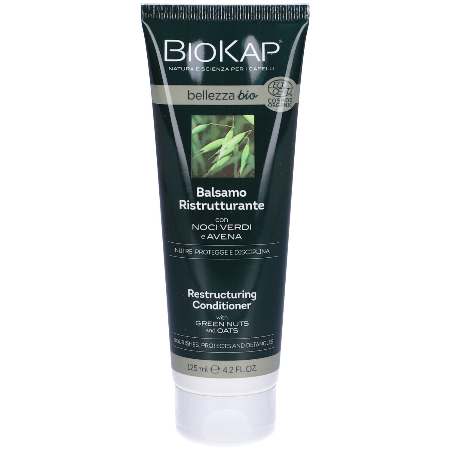Grüne Tube mit "BIOKAP"-Logo und Produktnamen. Enthält Balsamo Ristrutturante mit Noci Verdi e Avena. 125 ml.