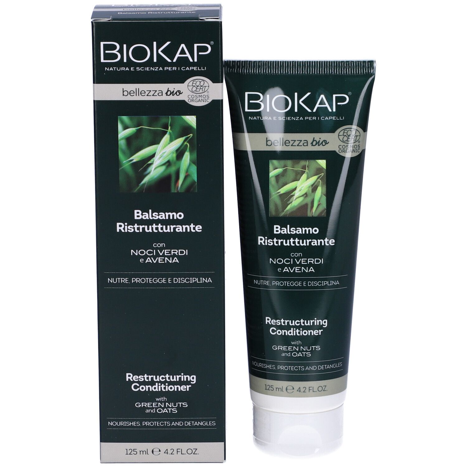 Produktverpackung mit Tube. Schwarzer Karton mit "BIOKAP"-Logo und Produktnamen. Enthält Balsamo Ristrutturante.