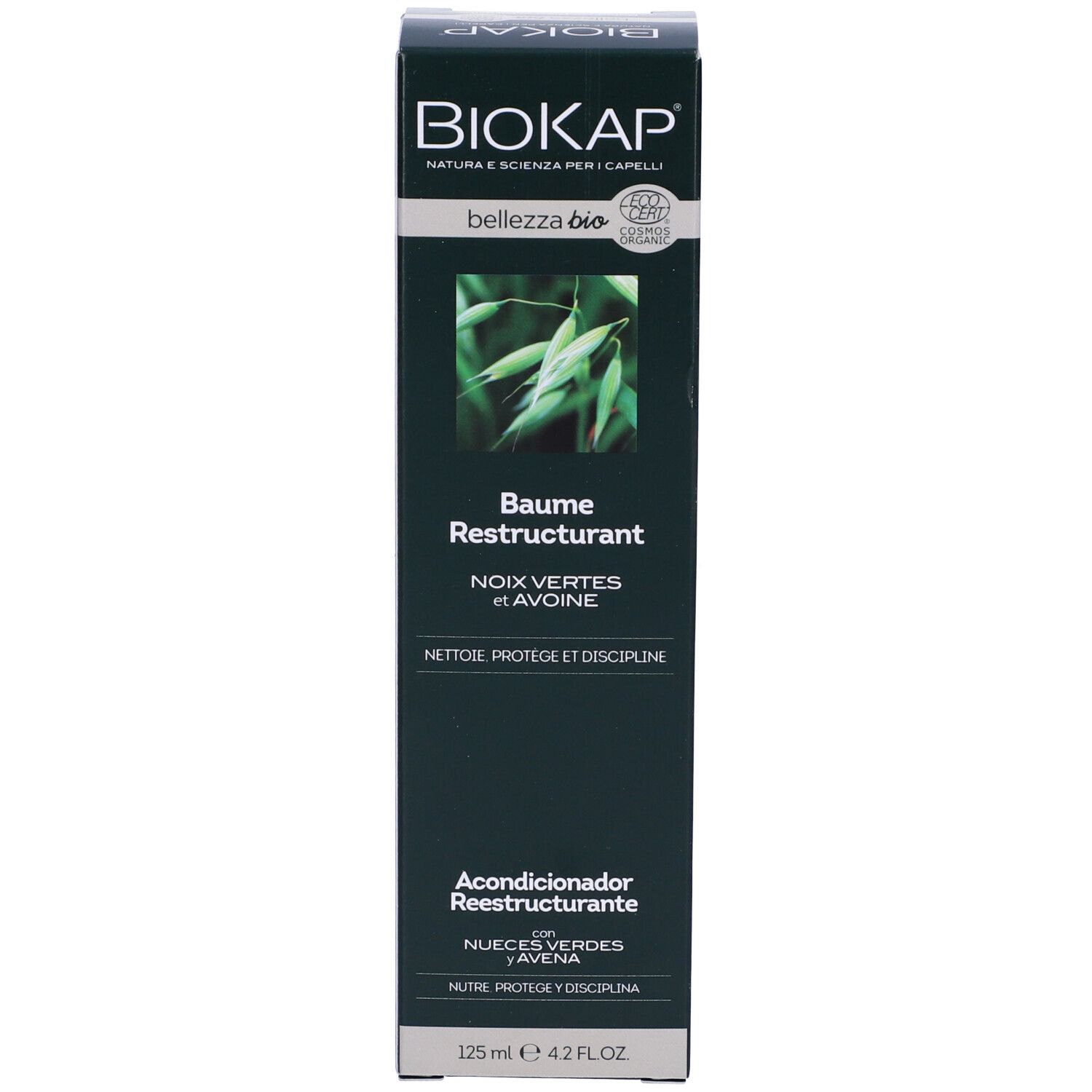 Produktverpackung. Schwarzer Karton mit "BIOKAP"-Logo und Produktnamen. Enthält Baume Restructurant.