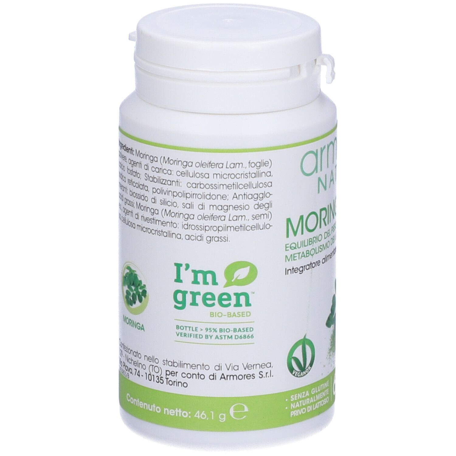 Flacon blanc avec étiquette verte. Inscription: Armores Natura Moringa. Logo I'm green. Label Vegan.