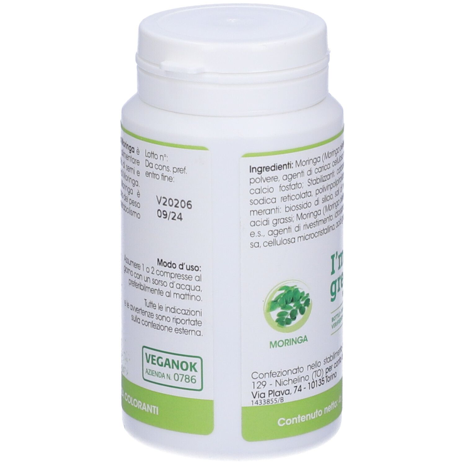 Flacon blanc avec étiquette verte. Inscription: Moringa. Label VeganOK. Date de péremption 09/24.