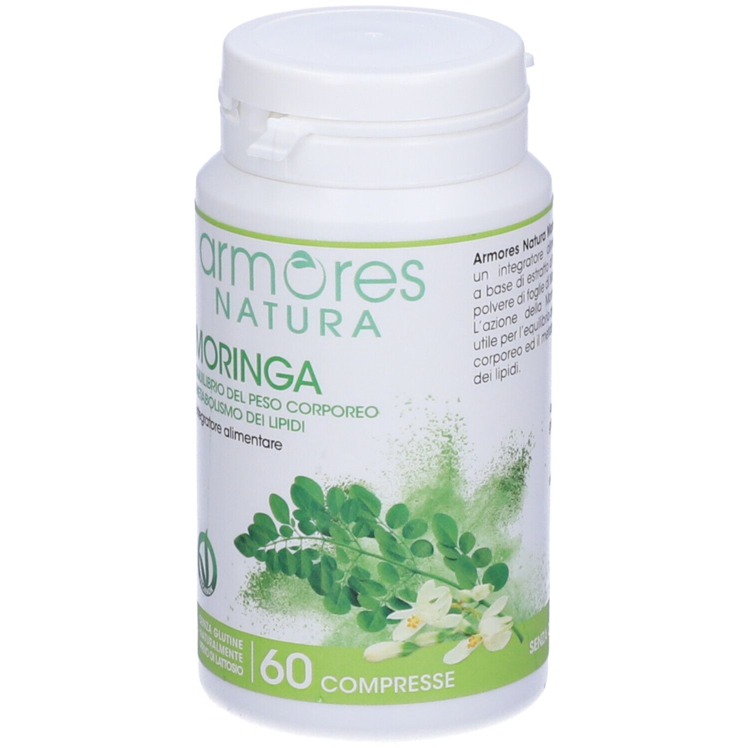 Flacon blanc avec étiquette verte. Inscription: Armores Natura Moringa, 60 comprimés. Label Vegan.