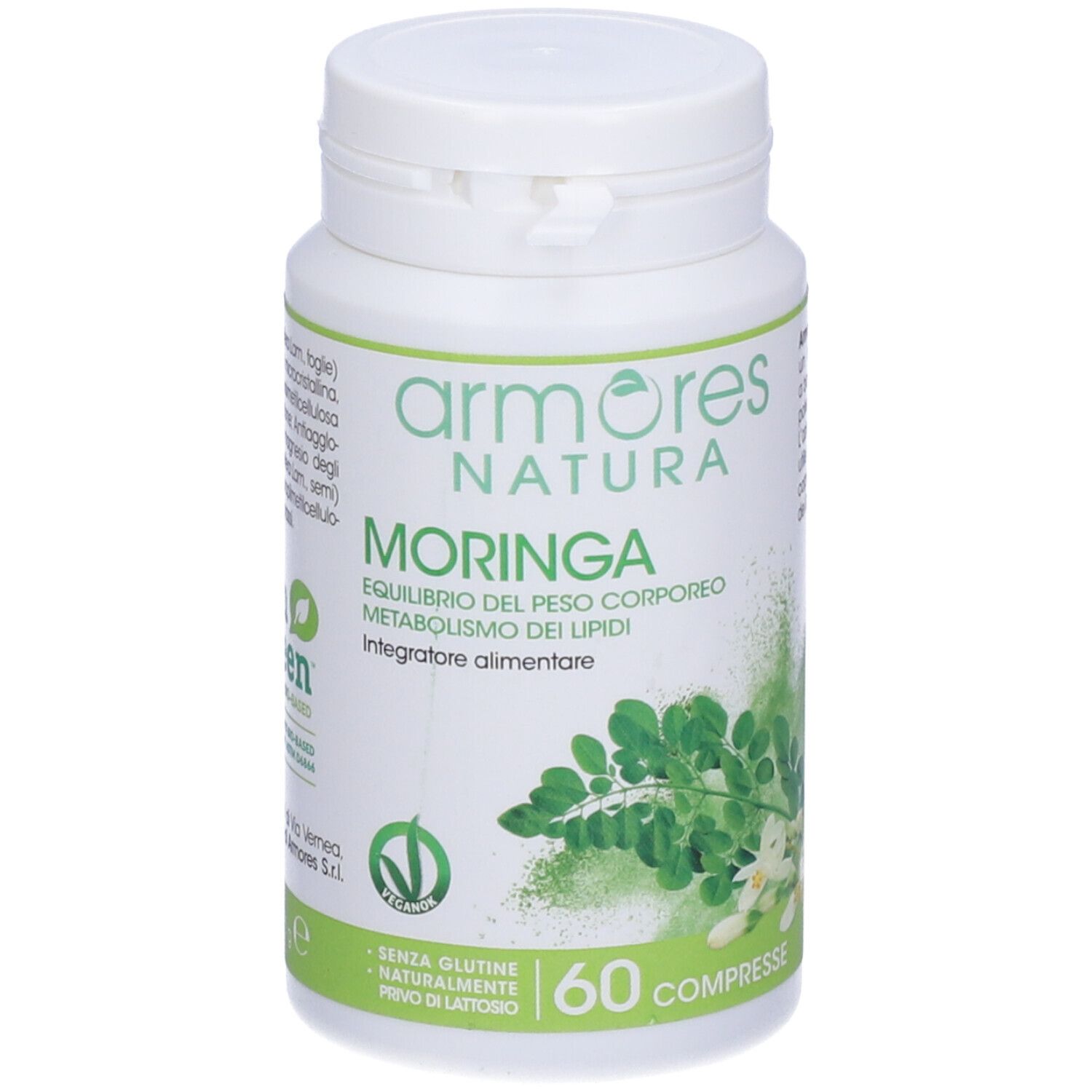 Flacon blanc avec étiquette verte. Inscription: Armores Natura Moringa, 60 comprimés. Label Vegan.