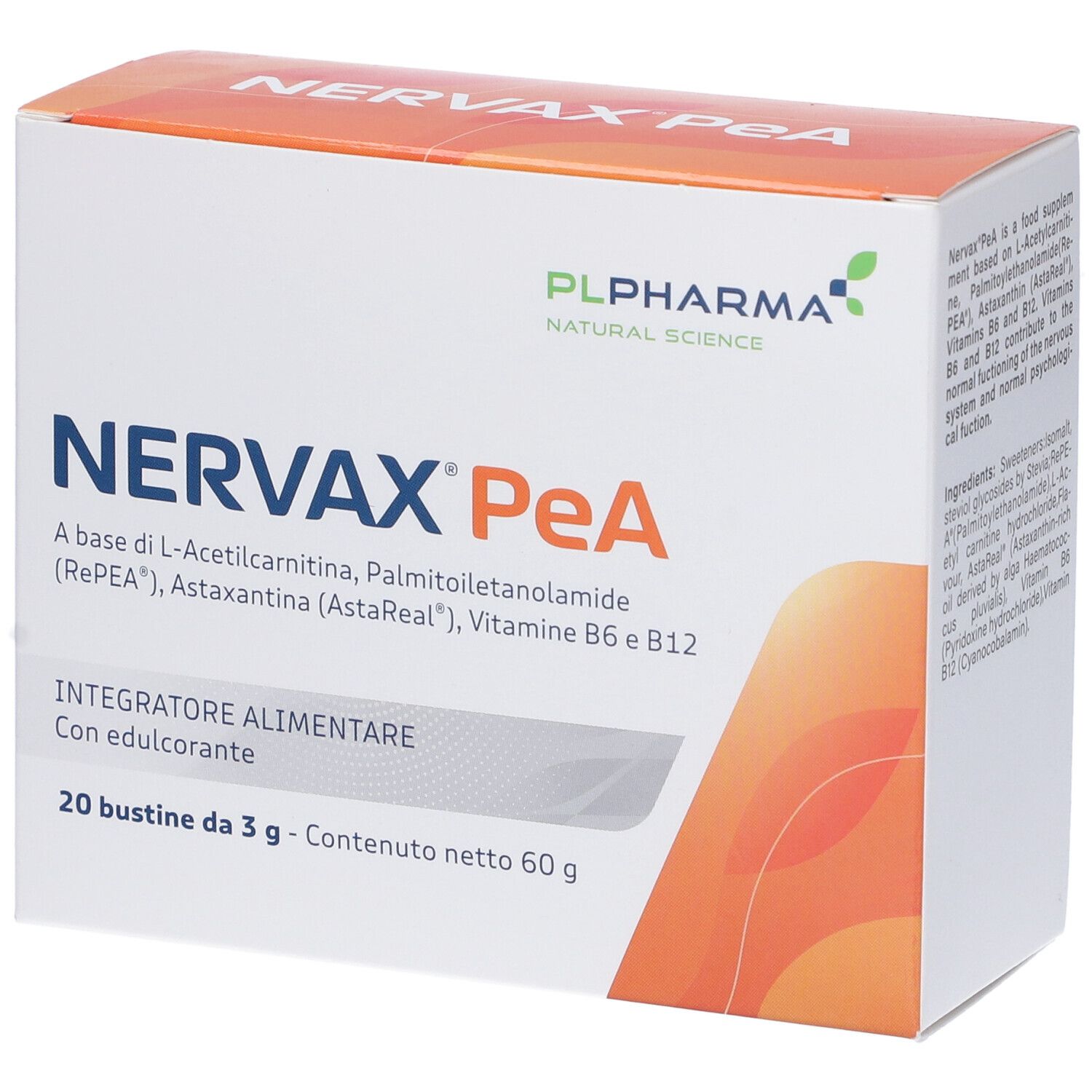 Boîte Nervax PeA avec 20 sachets. Ingrédients : L-Acétyl-L-Carnitine, Palmitoyléthanolamide, Astaxanthine, Vitamine B6 et B12.