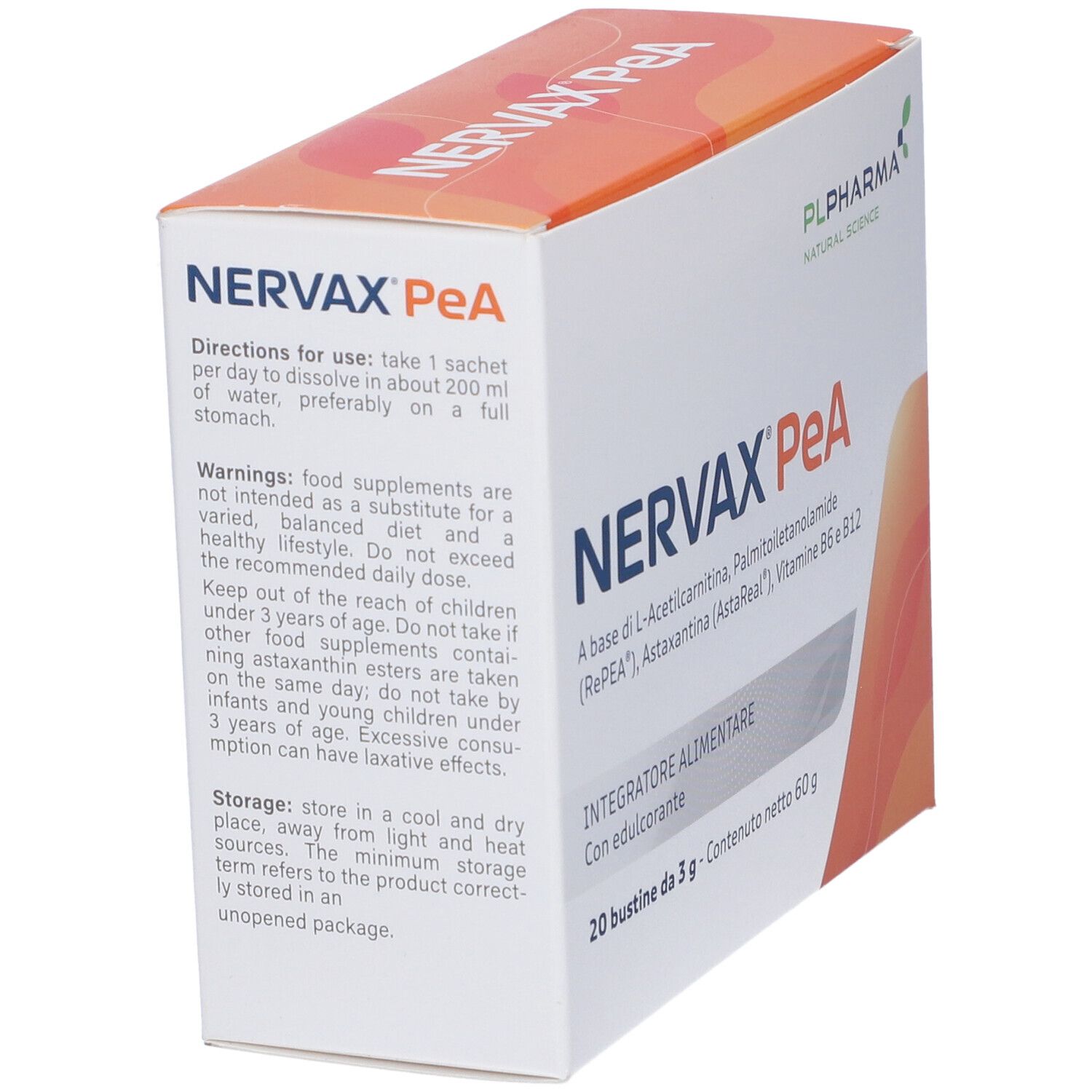 Vue en biais de la boîte Nervax PeA. Texte : instructions d'utilisation, avertissements et conseils de stockage. Marque PL Pharma.
