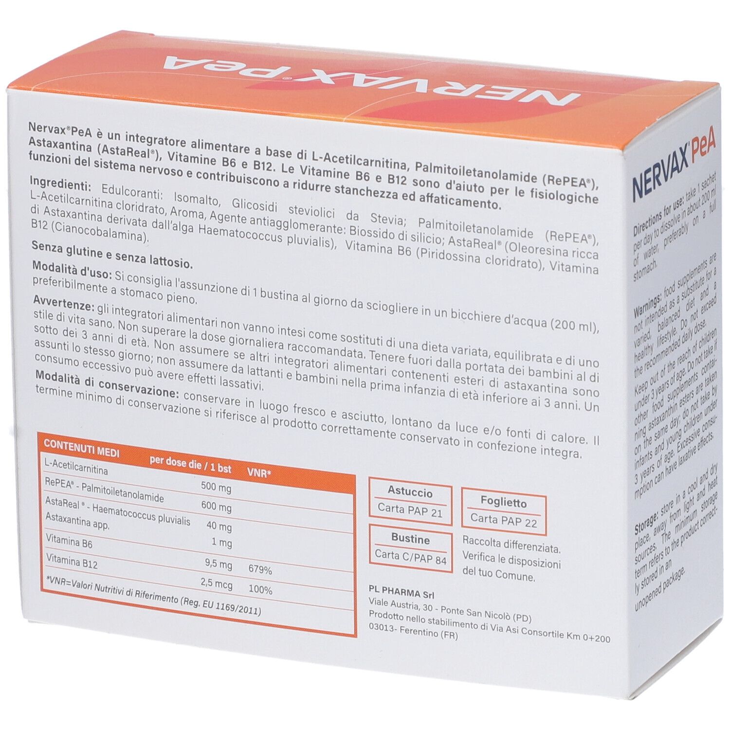 Dos de la boîte Nervax PeA. Contient des informations sur les ingrédients et les valeurs nutritionnelles. Marque PL Pharma.