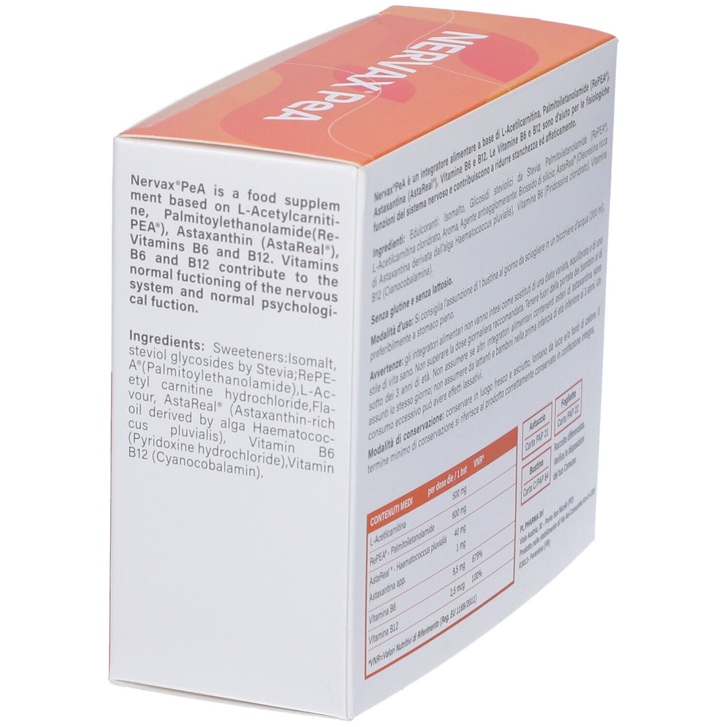 Vue latérale de la boîte Nervax PeA. Contient des informations sur les ingrédients. Marque PL Pharma.