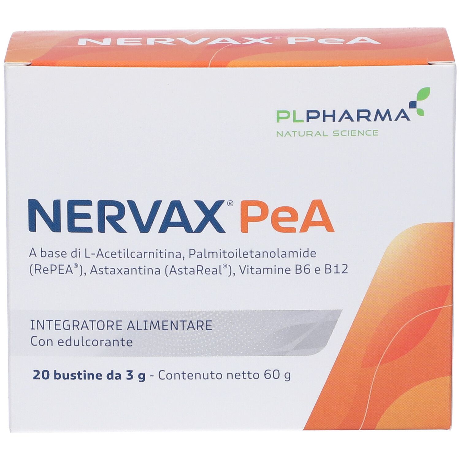 Vue de face de la boîte Nervax PeA. Contient 20 sachets. Marque PL Pharma.