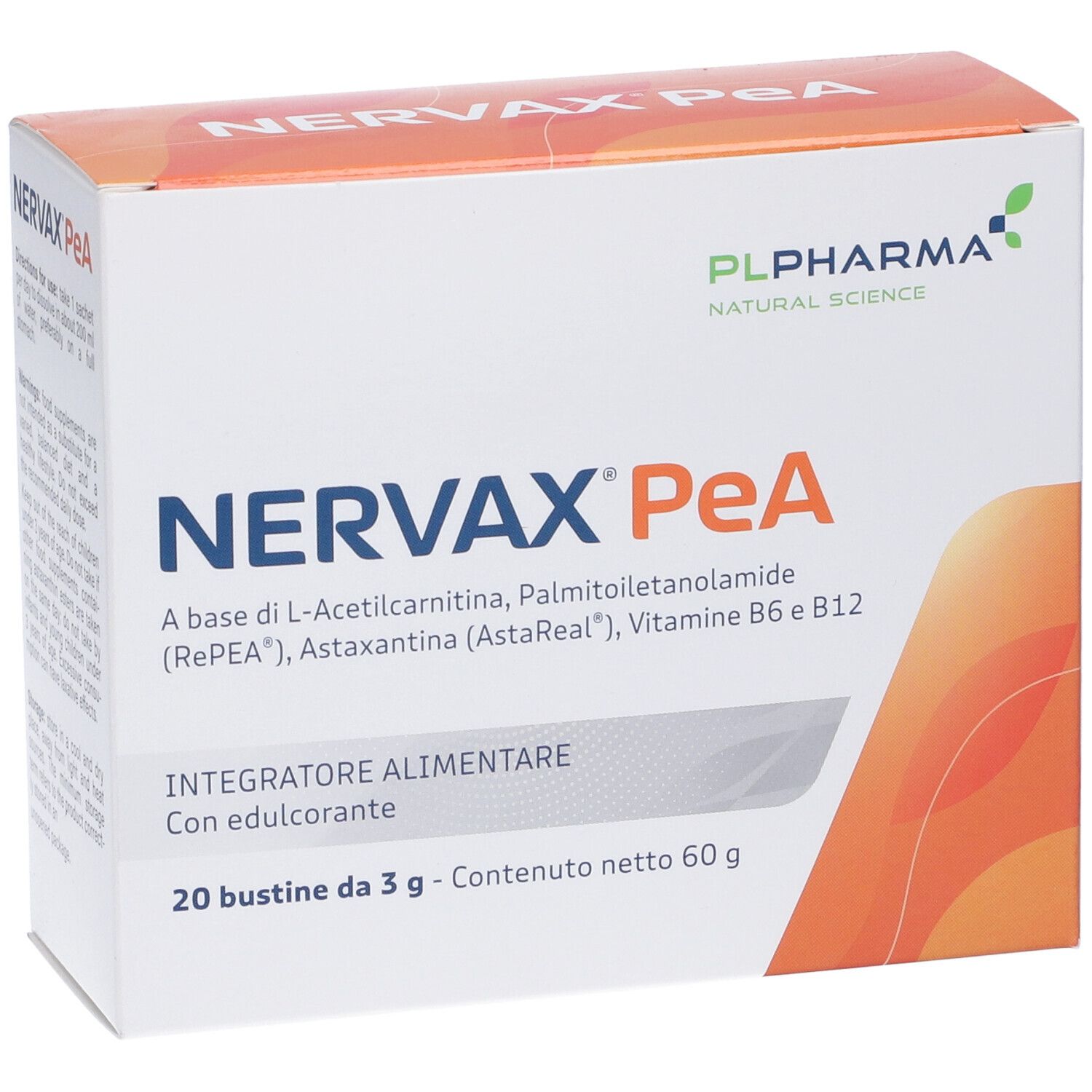 Vue de face de la boîte Nervax PeA. Contient 20 sachets. Marque PL Pharma.