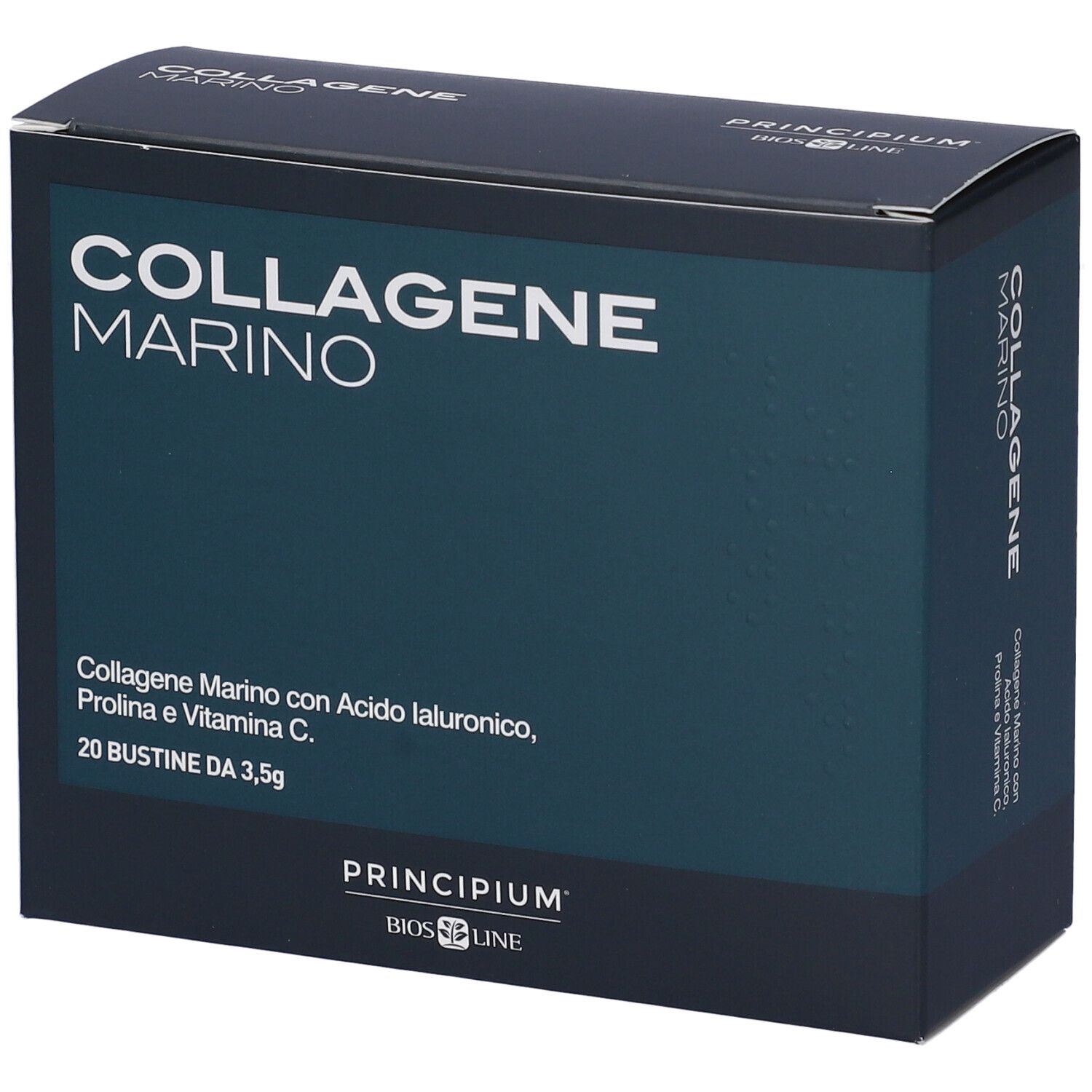Boîte "COLLAGENE MARINO". Contient 20 sachets. Inscription : "Collagen Marino con Acido Ialuronico, Prolina e Vitamina C".