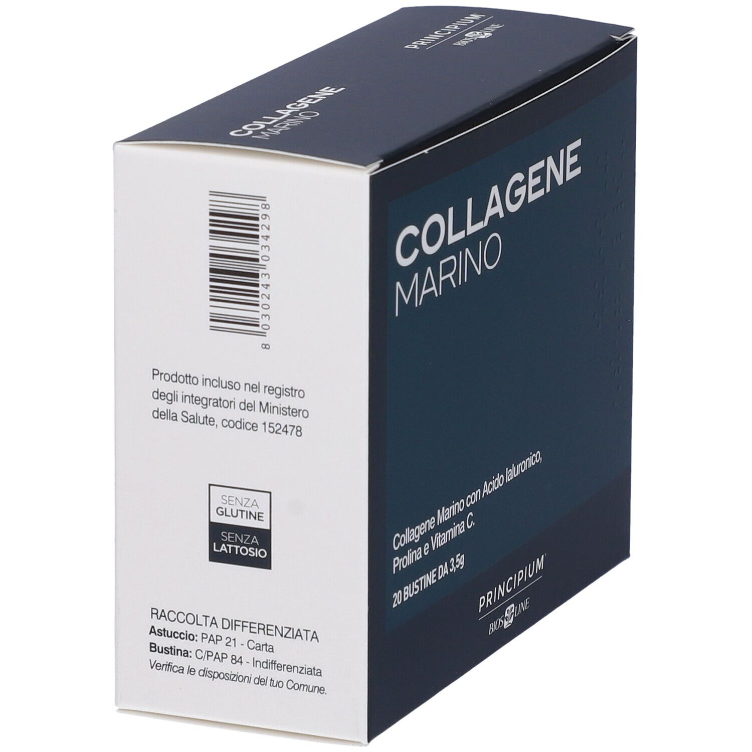 Boîte "COLLAGENE MARINO". Contient 20 sachets. Inscription : "Senza glutine, Senza lattosio". Code-barres et informations de recyclage.