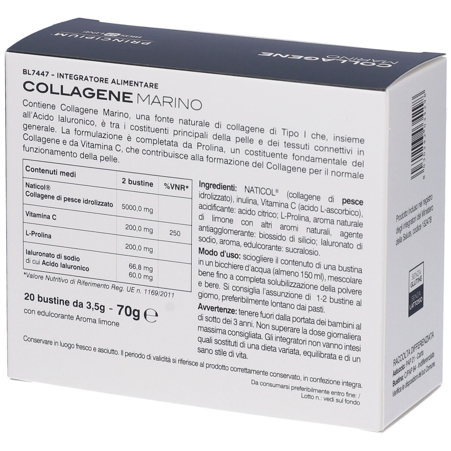 Boîte "COLLAGENE MARINO". Contient 20 sachets. Ingrédients et informations nutritionnelles. Texte : "20 bustine da 3.5g - 70g e".