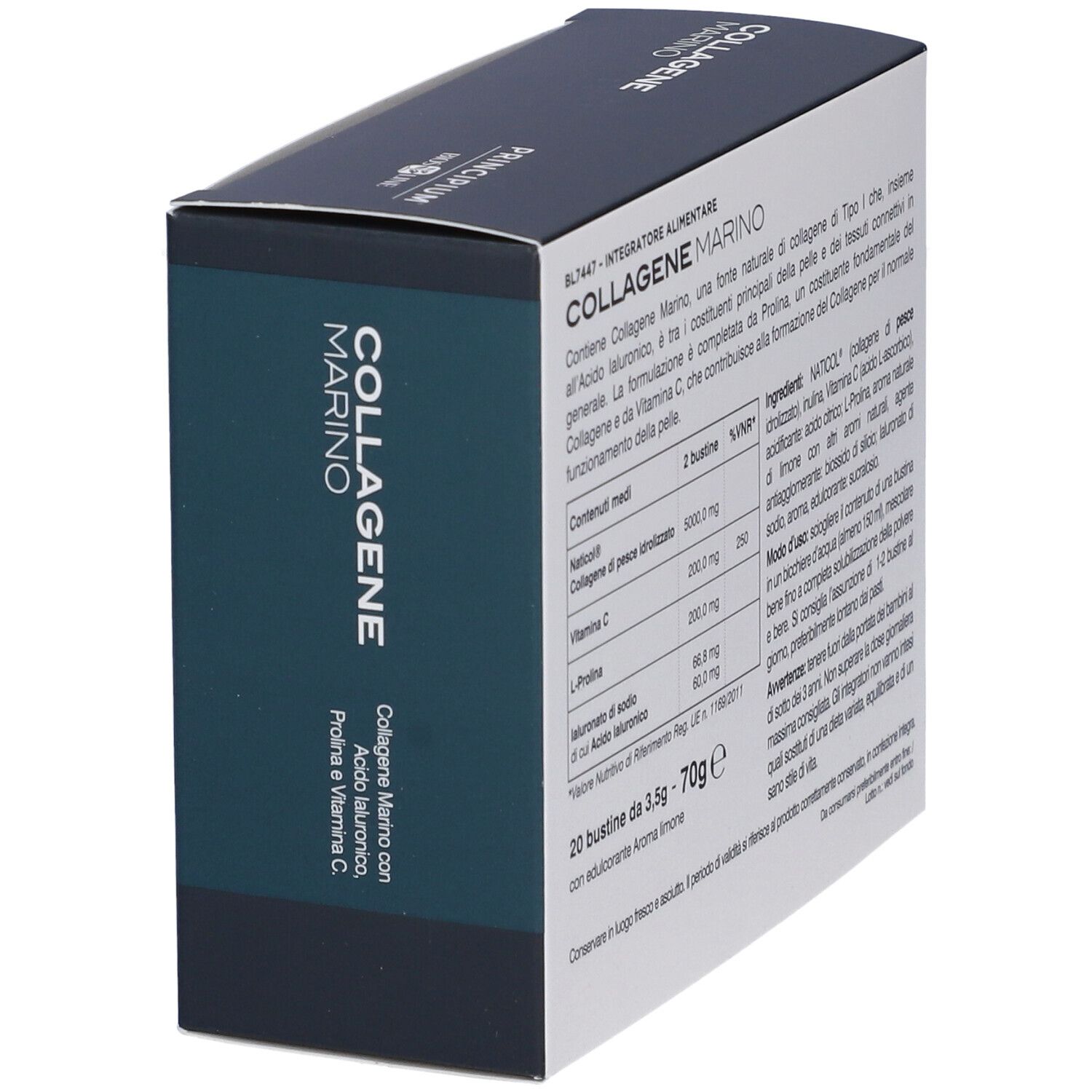 Boîte "COLLAGENE MARINO". Contient 20 sachets. Inscription : "Collagen Marino con Acido Ialuronico, Prolina e Vitamina C".