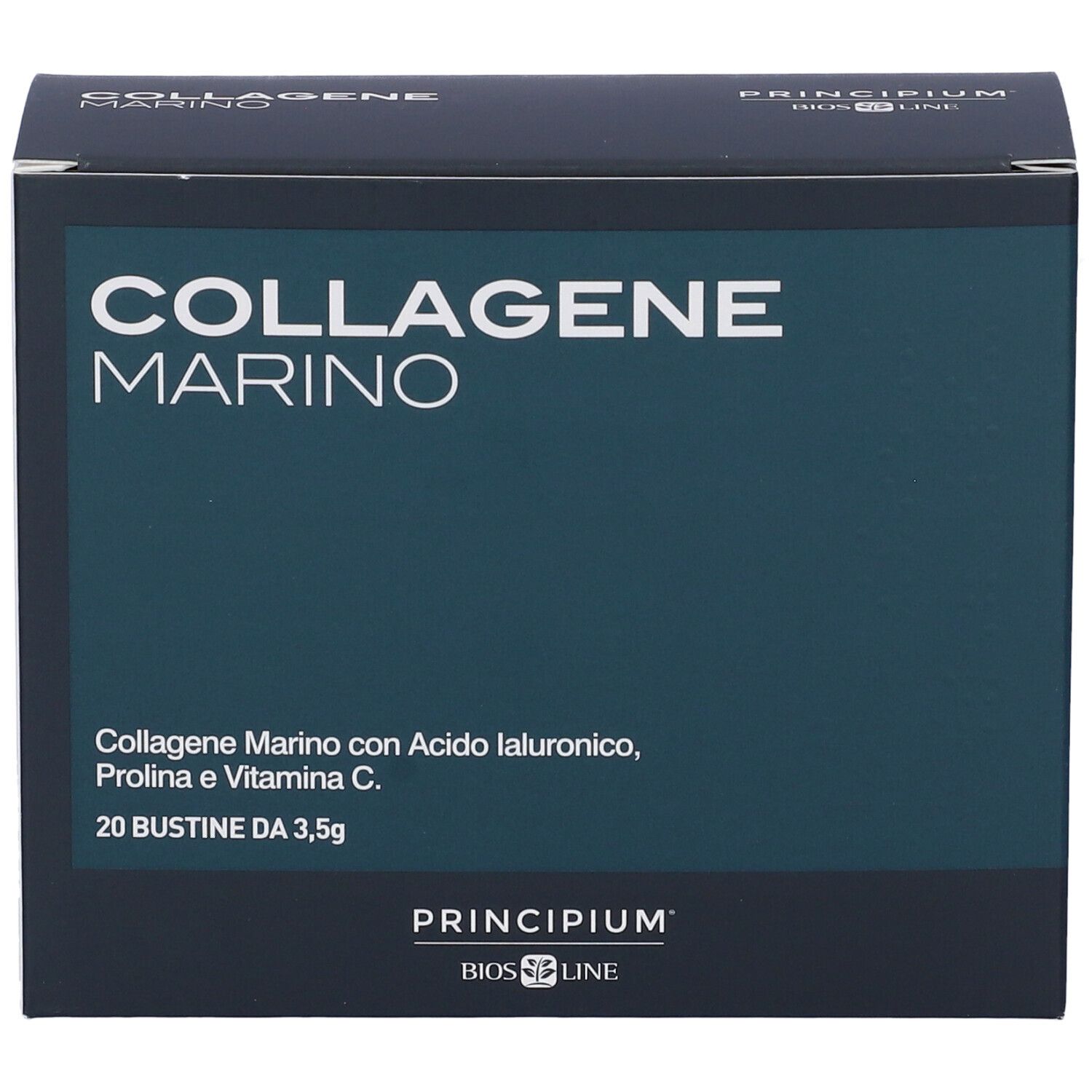 Boîte "COLLAGENE MARINO". Contient 20 sachets. Inscription : "Collagen Marino con Acido Ialuronico, Prolina e Vitamina C".
