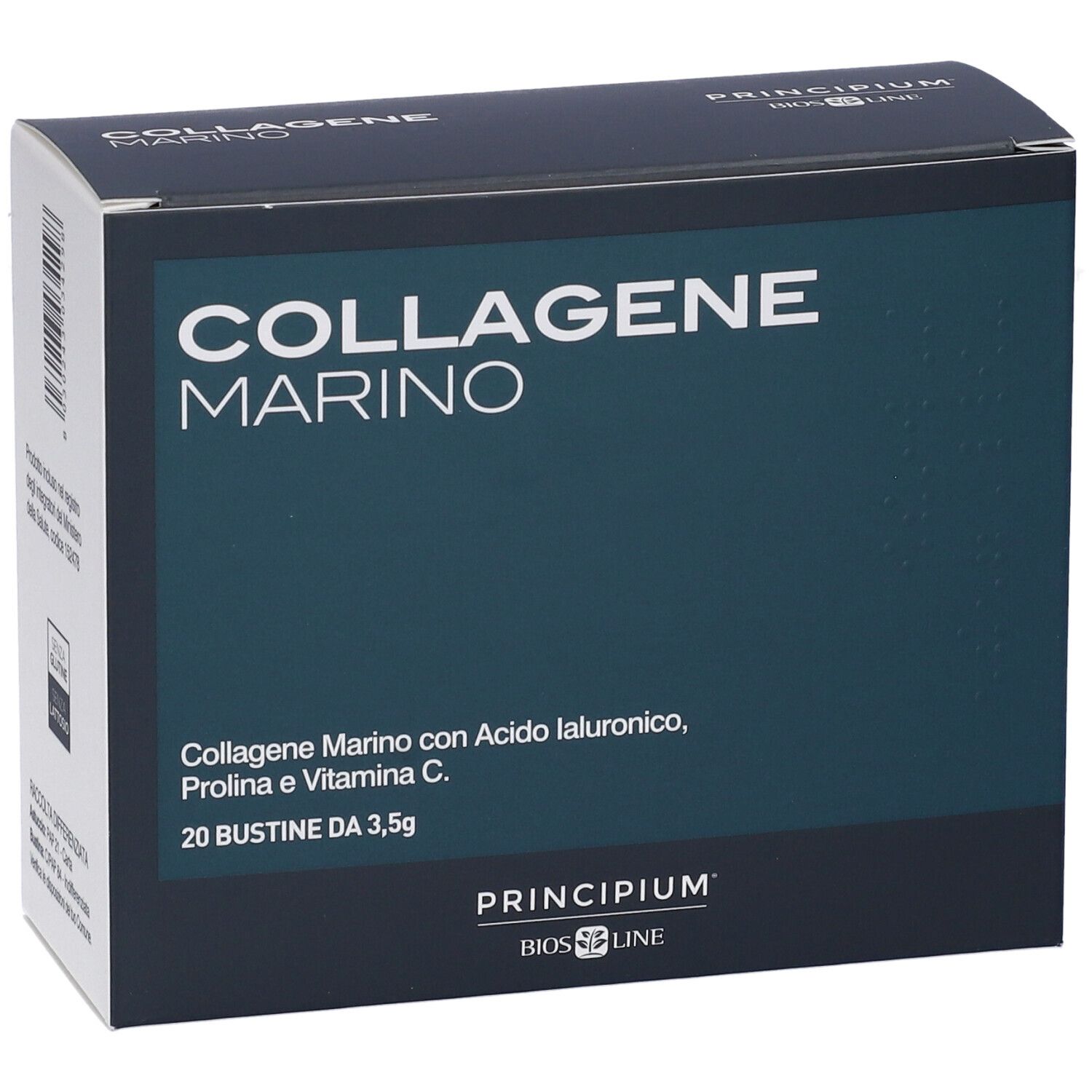 Boîte "COLLAGENE MARINO". Contient 20 sachets. Inscription : "Collagen Marino con Acido Ialuronico, Prolina e Vitamina C".