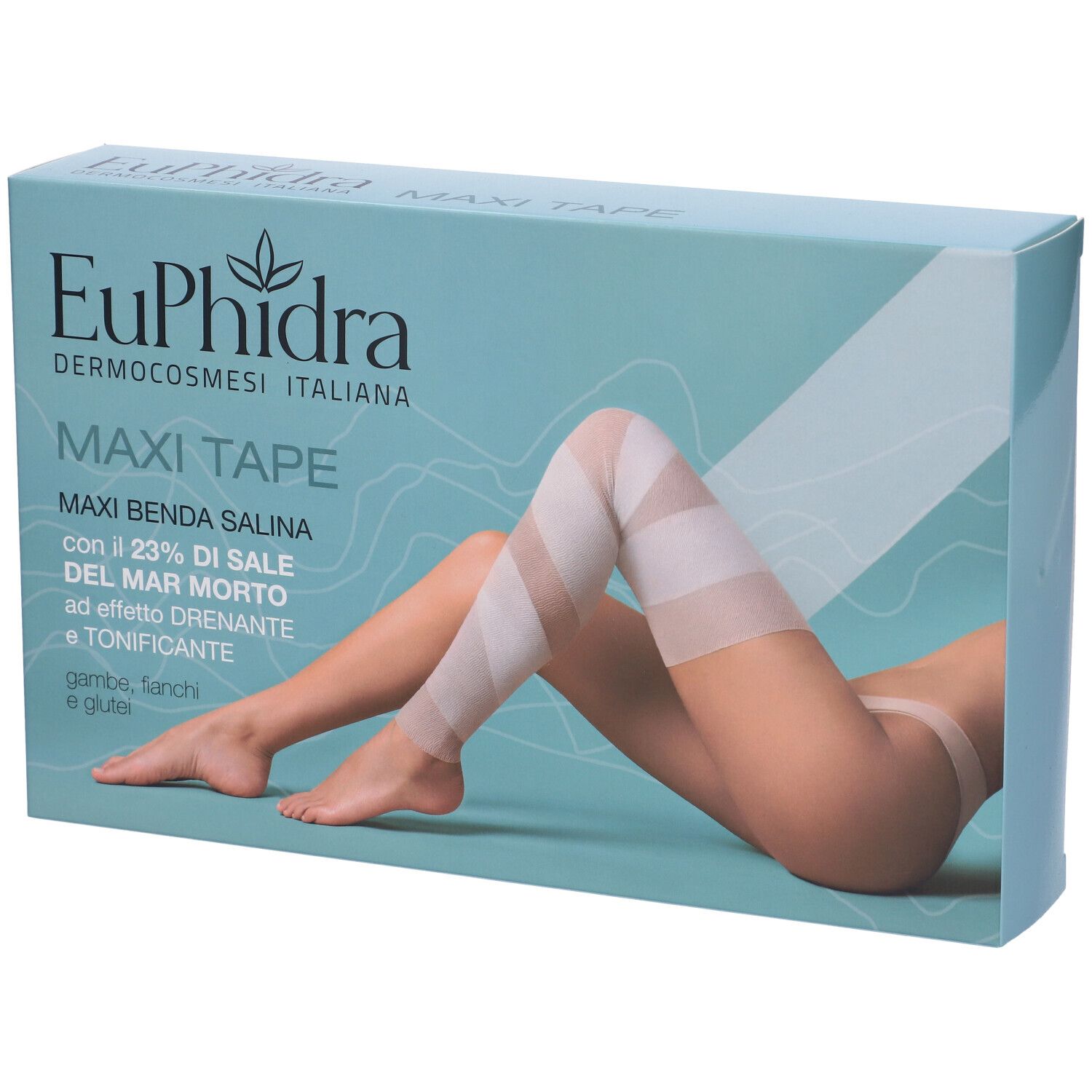 Hellblaue Verpackung mit Produktabbildung. Aufschrift: Euphidra, Maxi Tape, Maxi Benda Salina. Bein mit Bandagen.