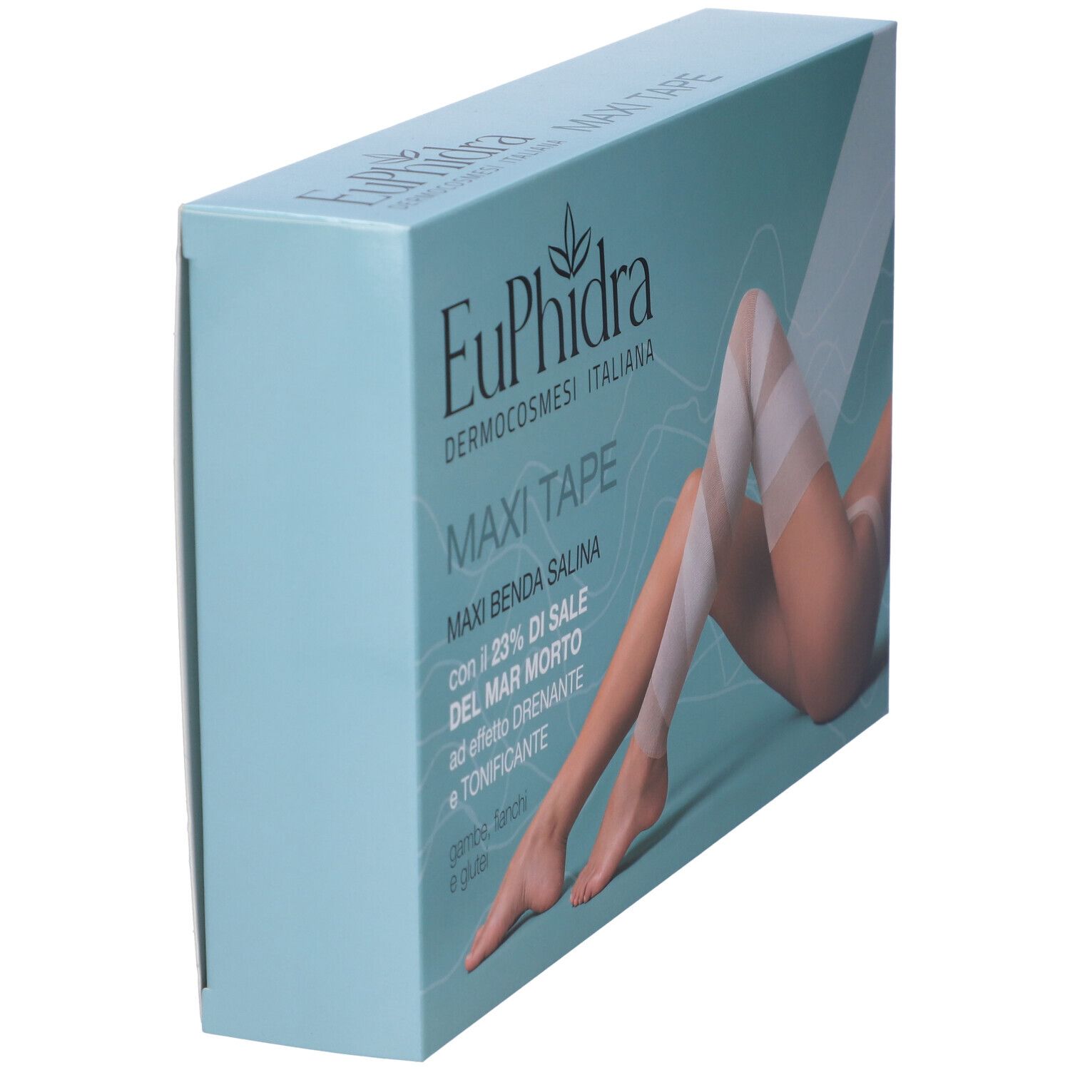 Hellblaue Verpackung, seitliche Ansicht. Aufschrift: Euphidra, Maxi Tape, Maxi Benda Salina. Bein mit Bandagen.
