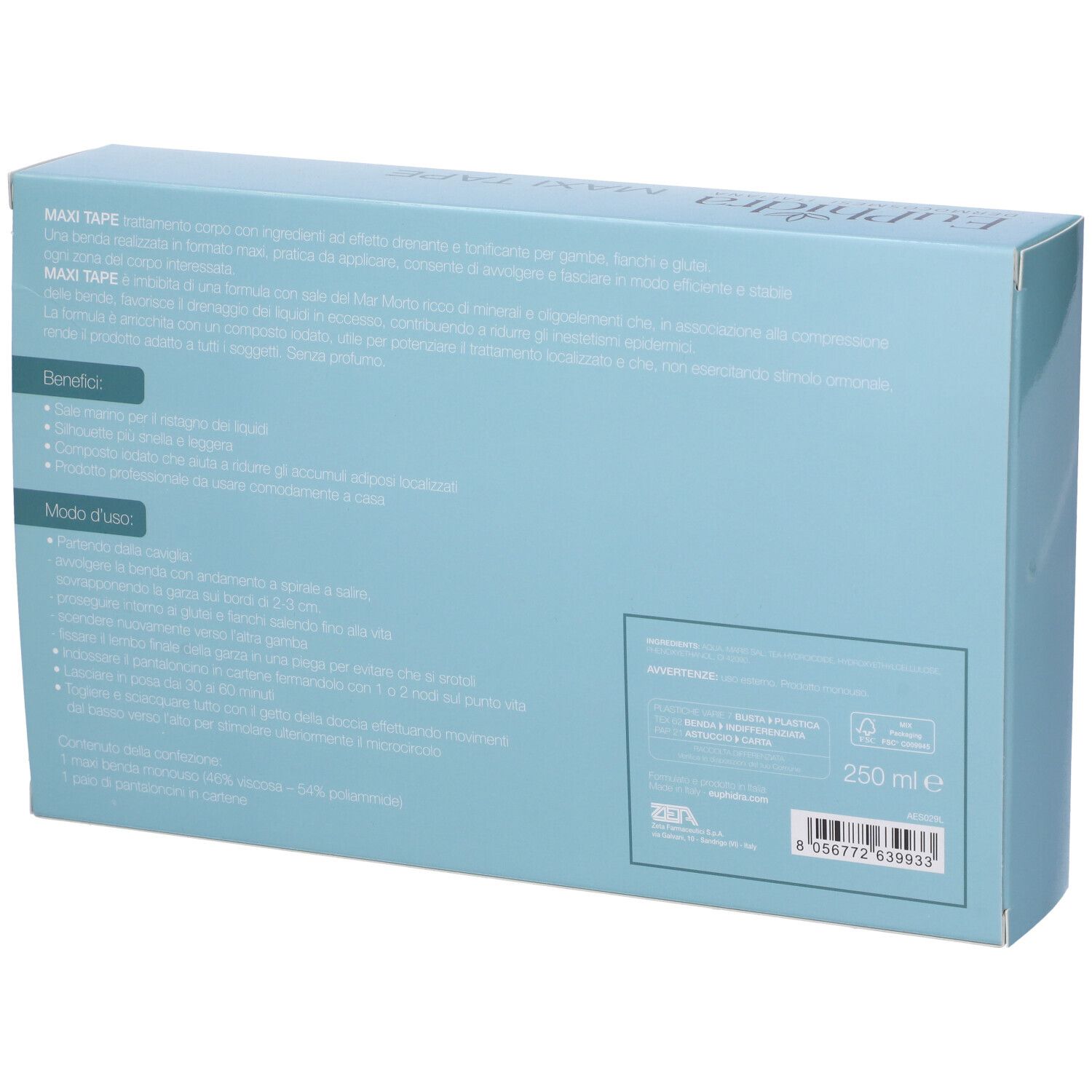 Rückseite der hellblauen Verpackung. Textabschnitte, Produktinformationen, Inhaltsangabe, Anwendungshinweise, 250 ml.