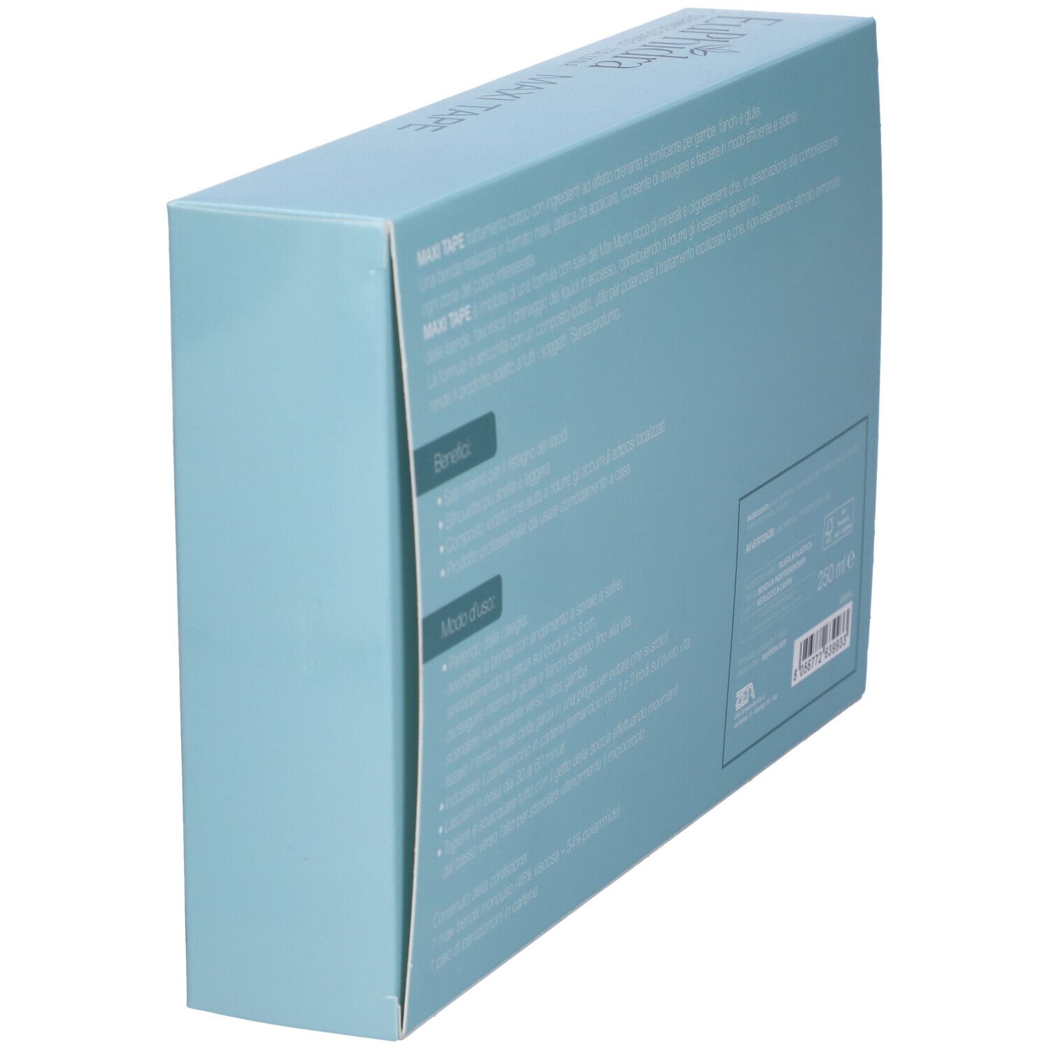 Hellblaue Verpackung, Rückseite, seitliche Ansicht. Textabschnitte, Produktinformationen, 250 ml.