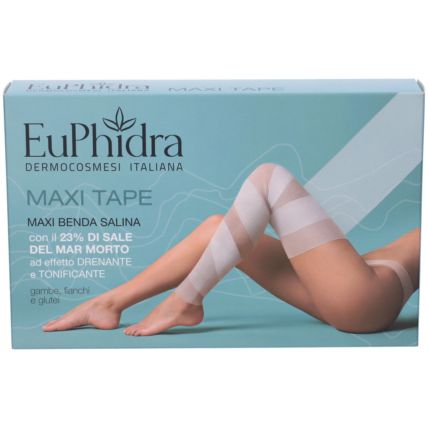 Hellblaue Verpackung mit Produktabbildung. Aufschrift: Euphidra, Maxi Tape, Maxi Benda Salina. Bein mit Bandagen.
