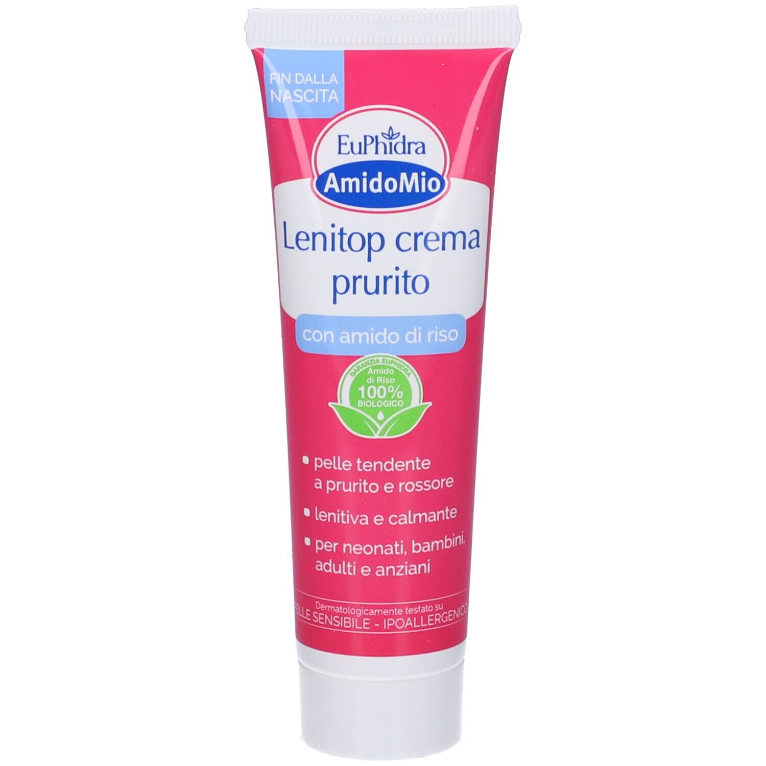Rosa Tube mit weißem Verschluss. Aufschrift: Euphidra AmidoMio, Lenitop crema prurito, mit Reisstärke. Für empfindliche Haut.