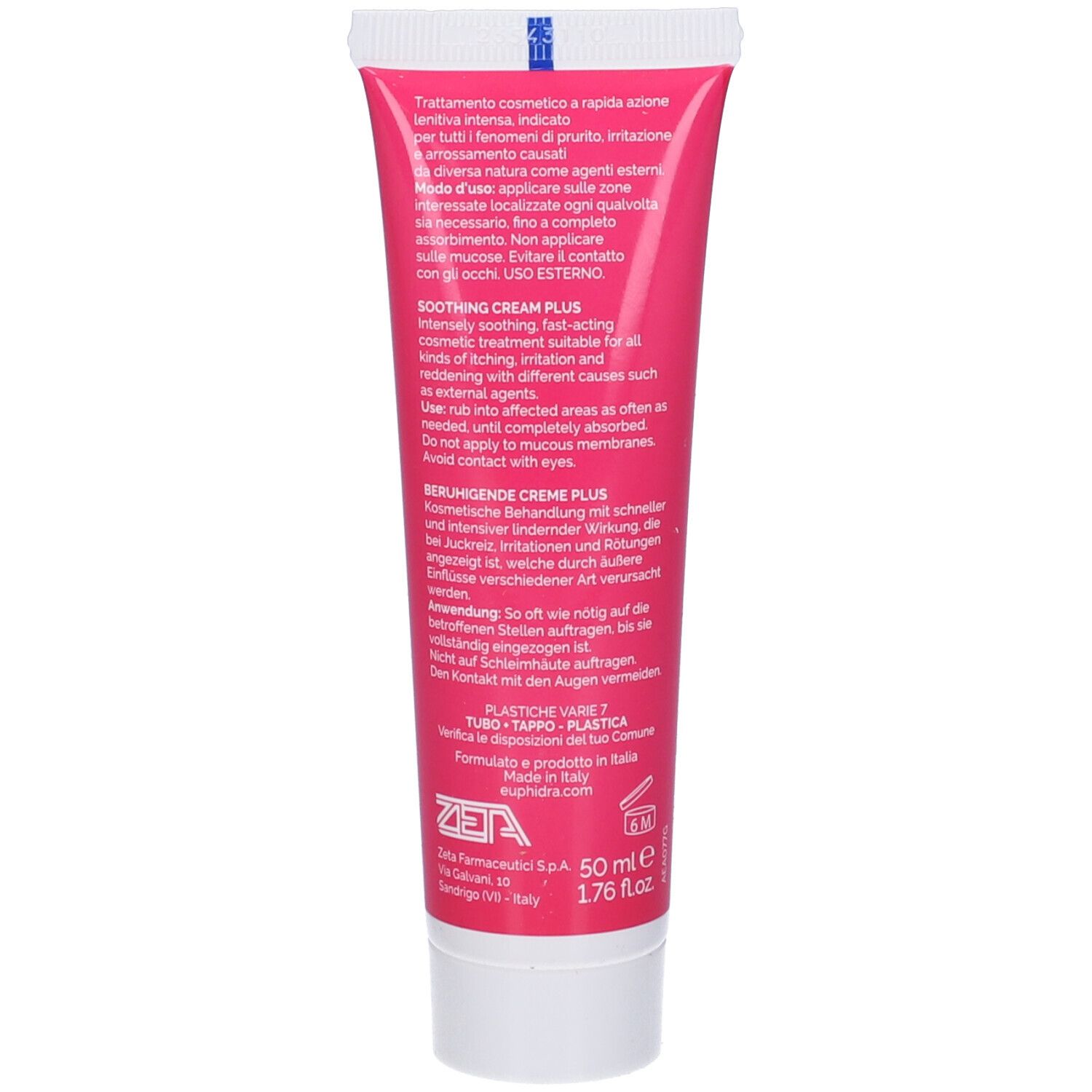 Rückseite der Tube. Text in mehreren Sprachen: Anwendungshinweise, Inhaltsstoffe, Herstellerinformationen. 50 ml.