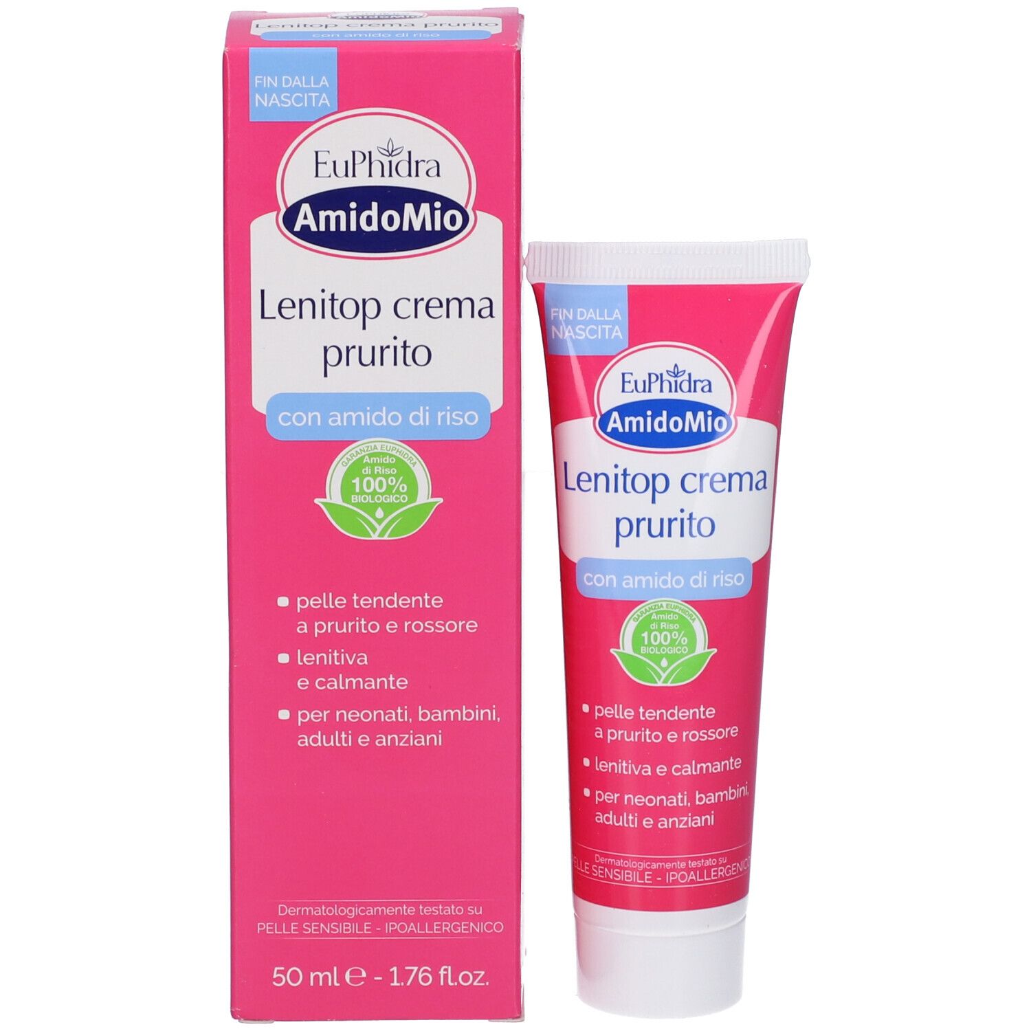 Produktverpackung und Tube. Verpackung rosa mit weißer Schrift. Tube rosa mit weißem Verschluss. Produktname: Lenitop crema prurito.