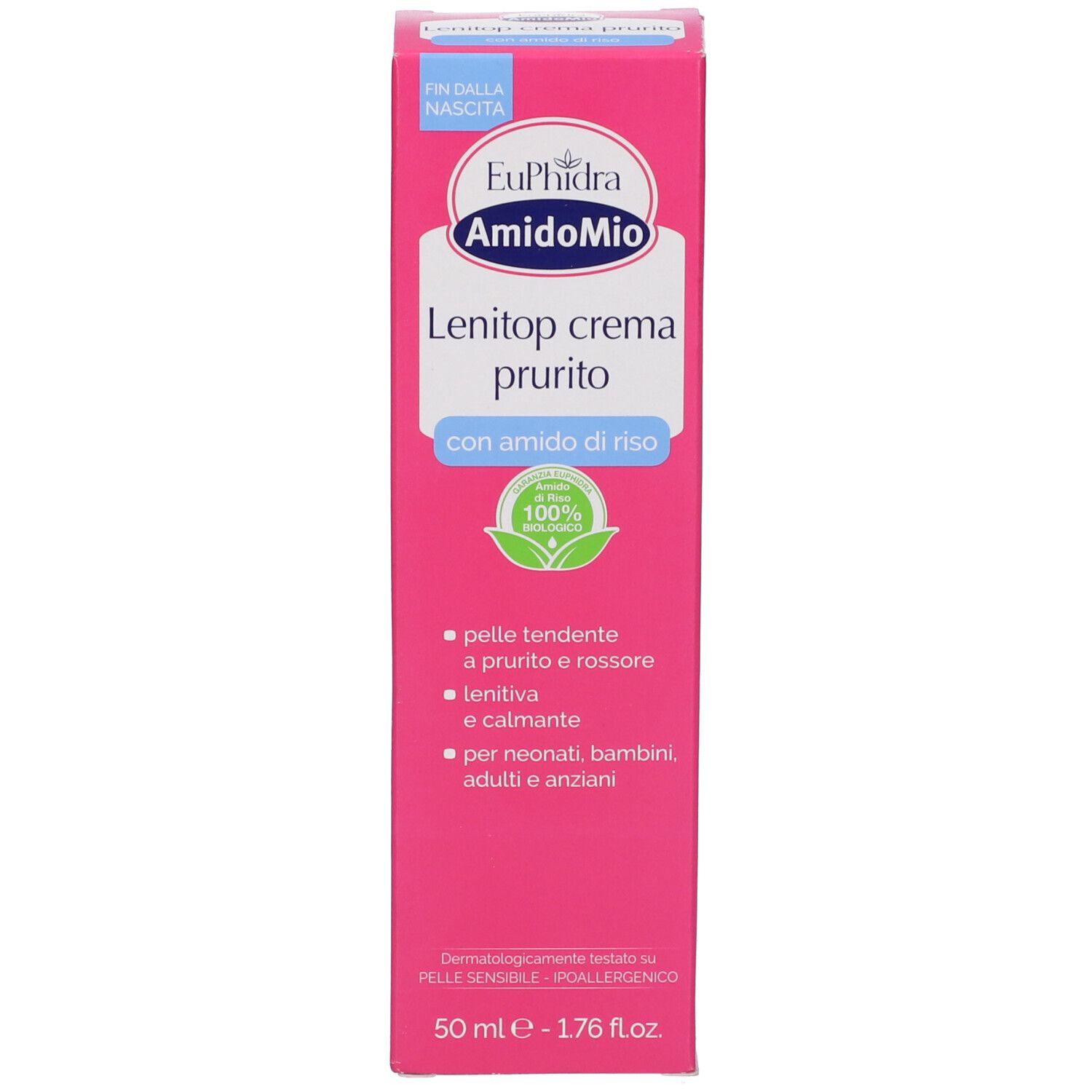 Produktverpackung. Rosa mit weißer Schrift. Produktname: Lenitop crema prurito. Enthält Reisstärke. Für empfindliche Haut.