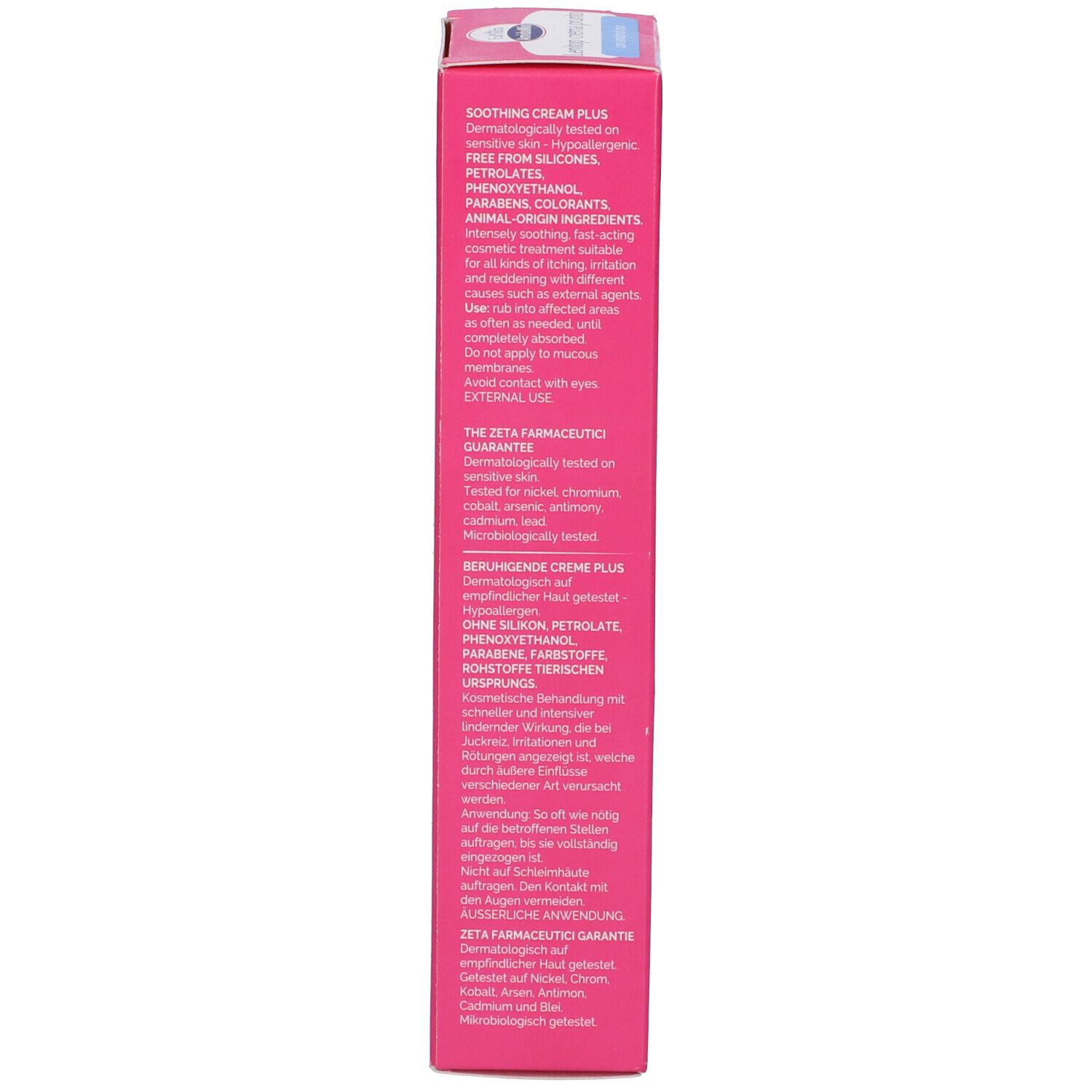 Rückseite der Produktverpackung. Text in mehreren Sprachen: Anwendungshinweise, Inhaltsstoffe, Herstellerinformationen.