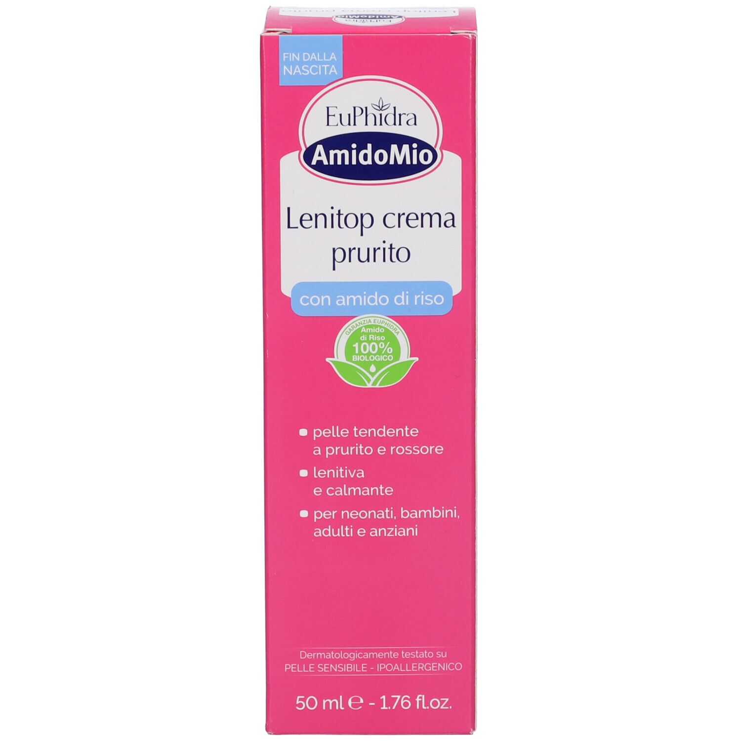 Produktverpackung. Rosa mit weißer Schrift. Produktname: Lenitop crema prurito. Enthält Reisstärke. Für empfindliche Haut.
