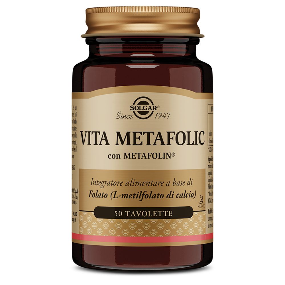 Flacon en verre brun avec bouchon doré. Inscription: Vita Metafolic, 50 comprimés. Marque: Solgar.