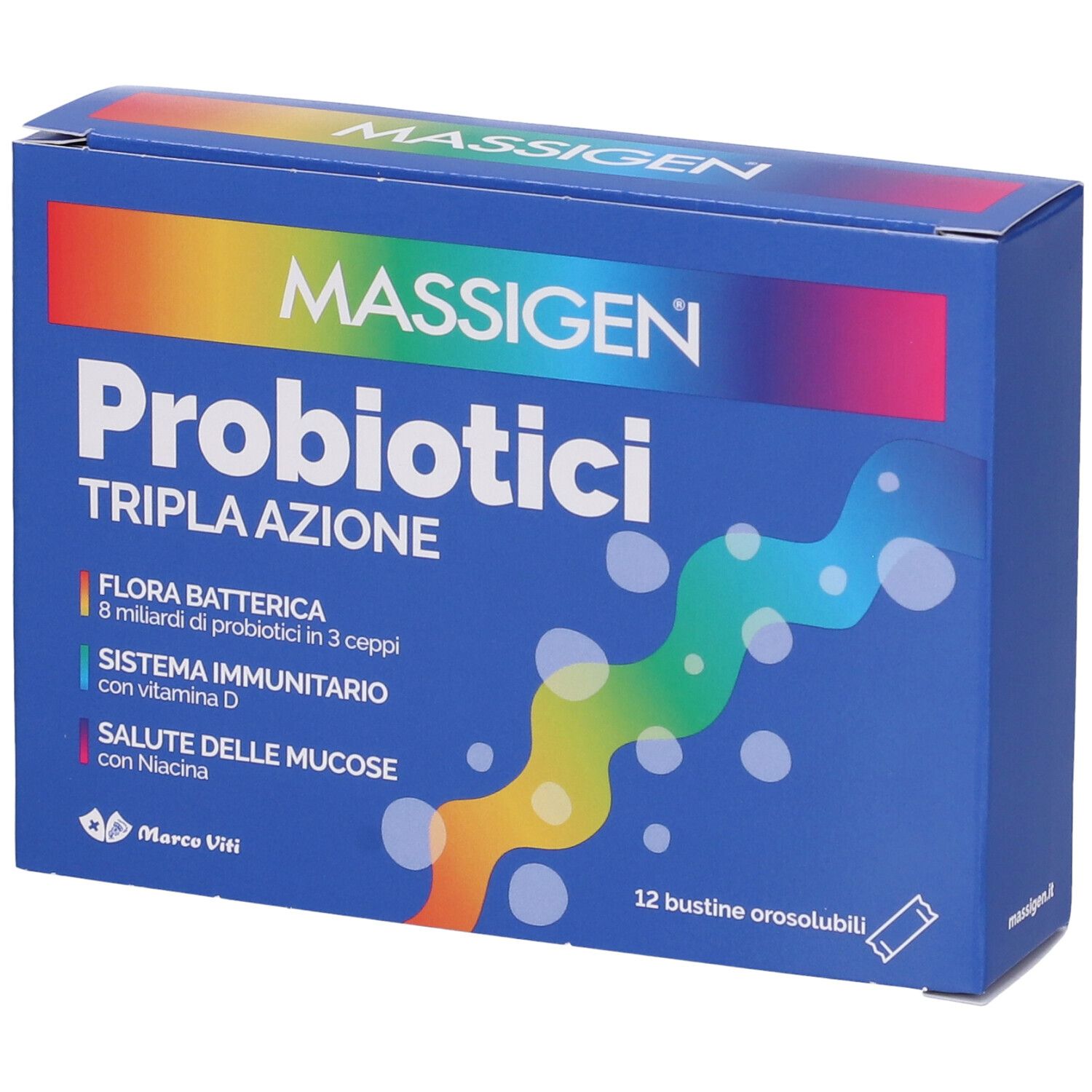 Boîte bleue "MASSIGEN Probiotici Tripla Azione". Contient 12 sachets orosolubles. Texte et logos en italien.