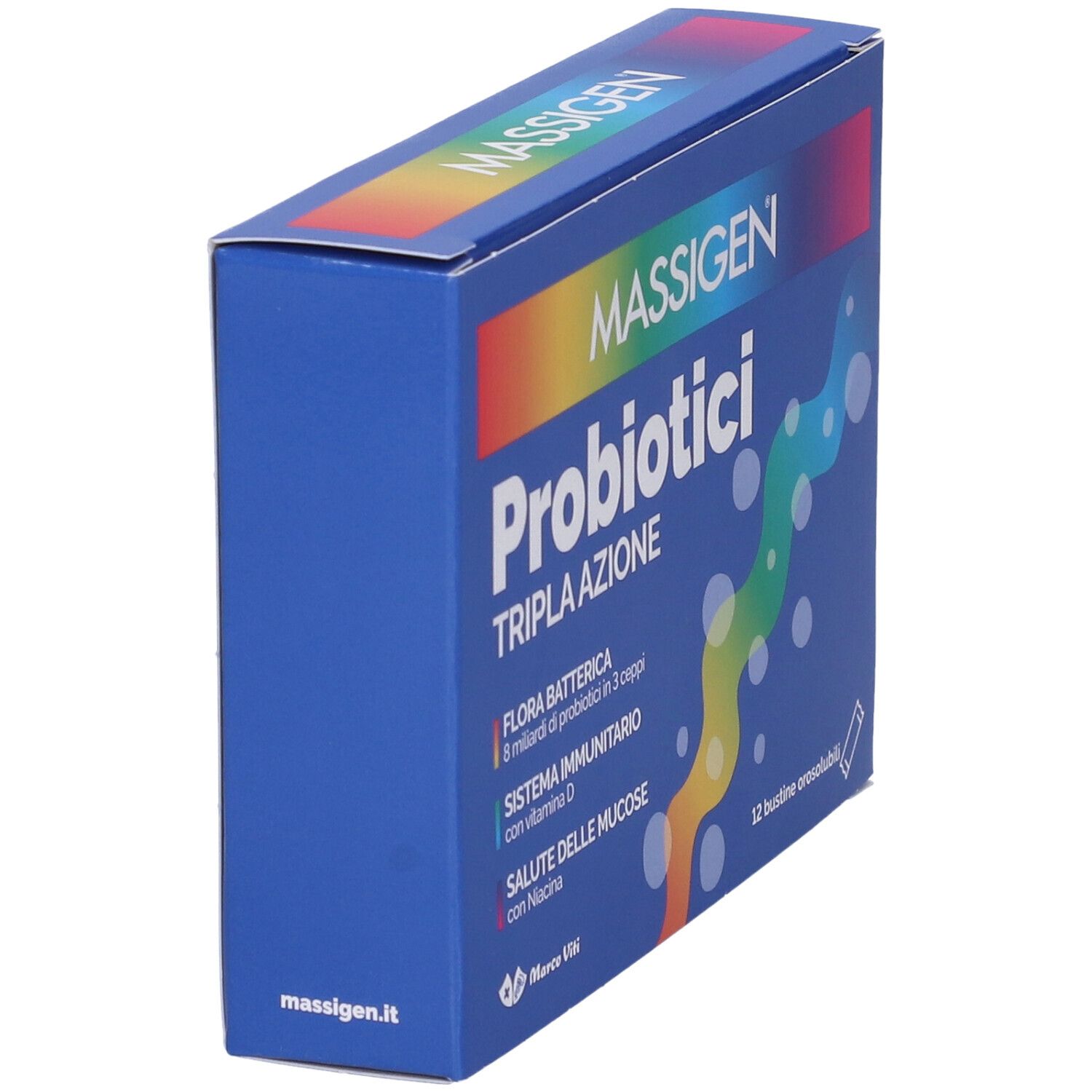 Boîte bleue "MASSIGEN Probiotici Tripla Azione" en biais. Contient 12 sachets. Texte et logos en italien.