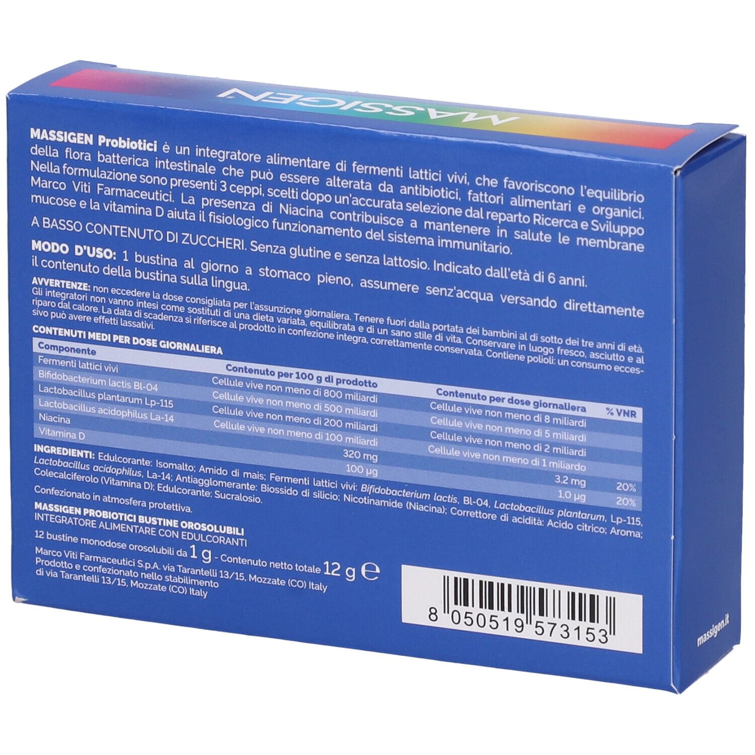 Dos de la boîte bleue "MASSIGEN Probiotici". Contient ingrédients et informations en italien.