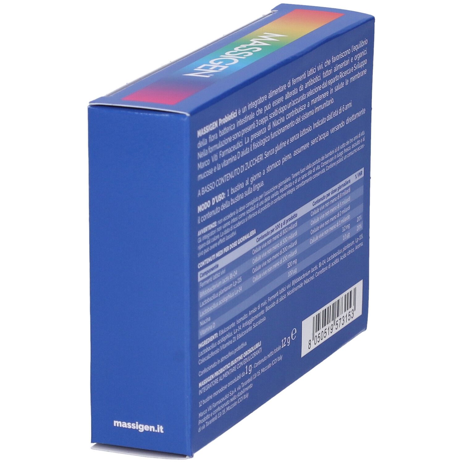 Boîte bleue "MASSIGEN Probiotici" en biais. Dos avec ingrédients et informations en italien.