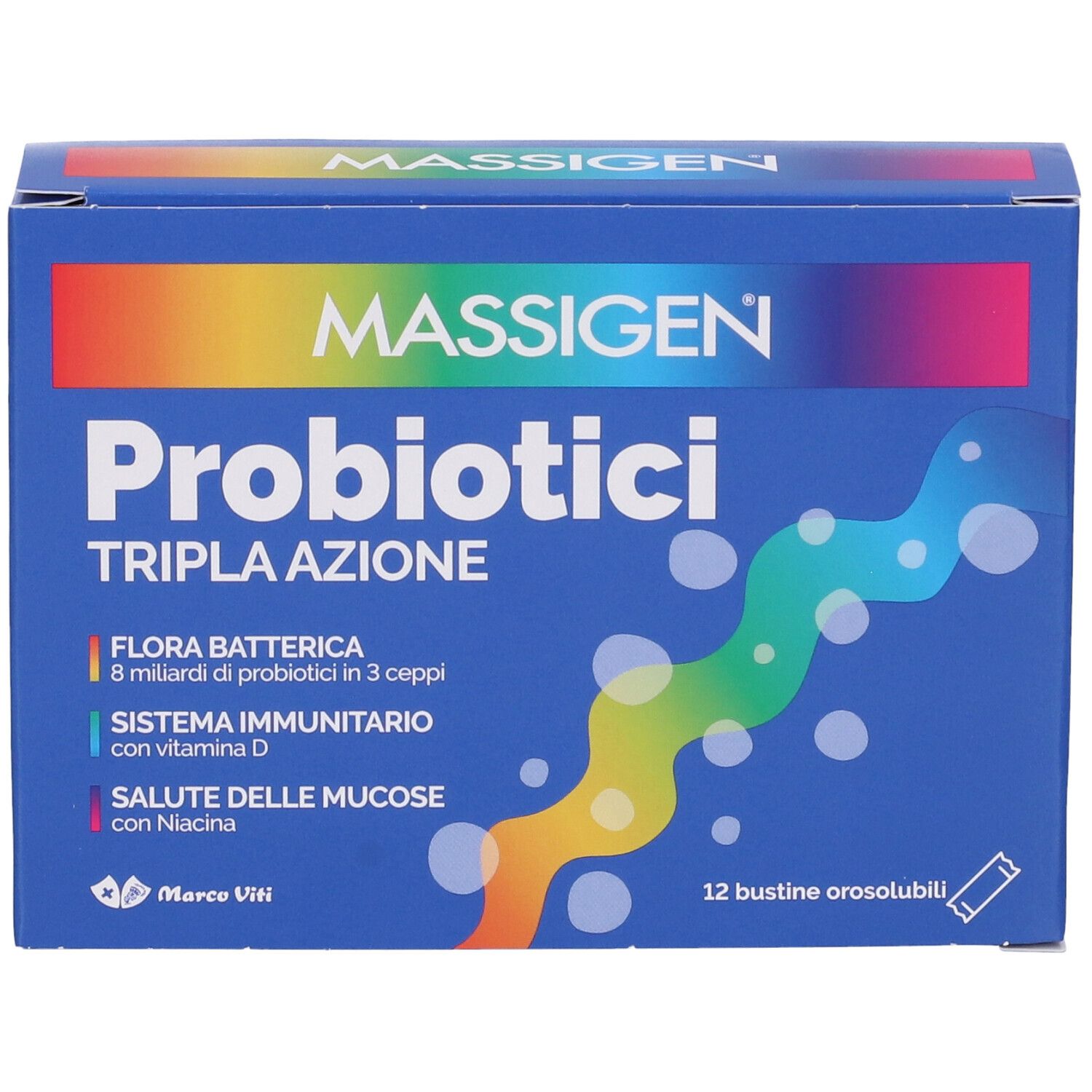 Boîte bleue "MASSIGEN Probiotici Tripla Azione". Contient 12 sachets orosolubles. Texte et logos en italien.