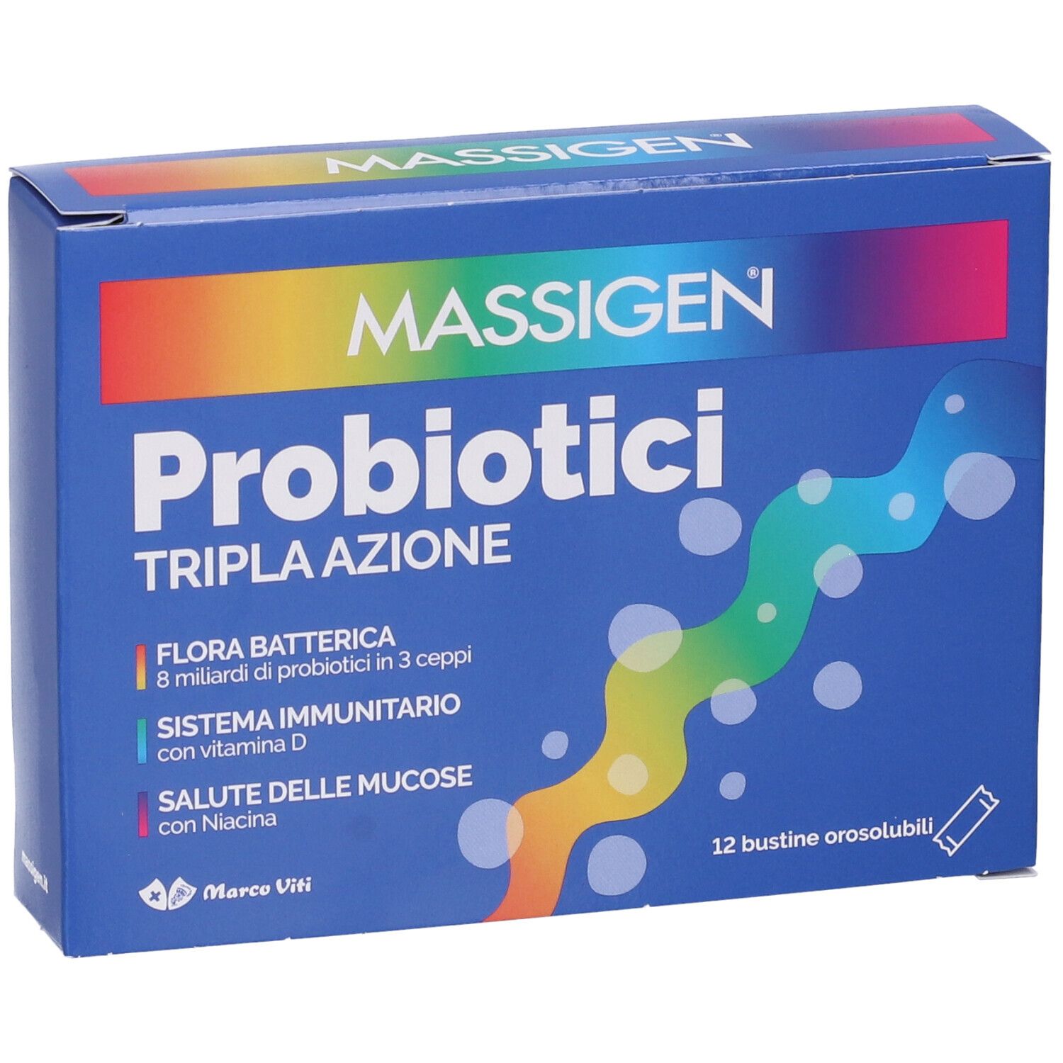 Boîte bleue "MASSIGEN Probiotici Tripla Azione". Contient 12 sachets orosolubles. Texte et logos en italien.