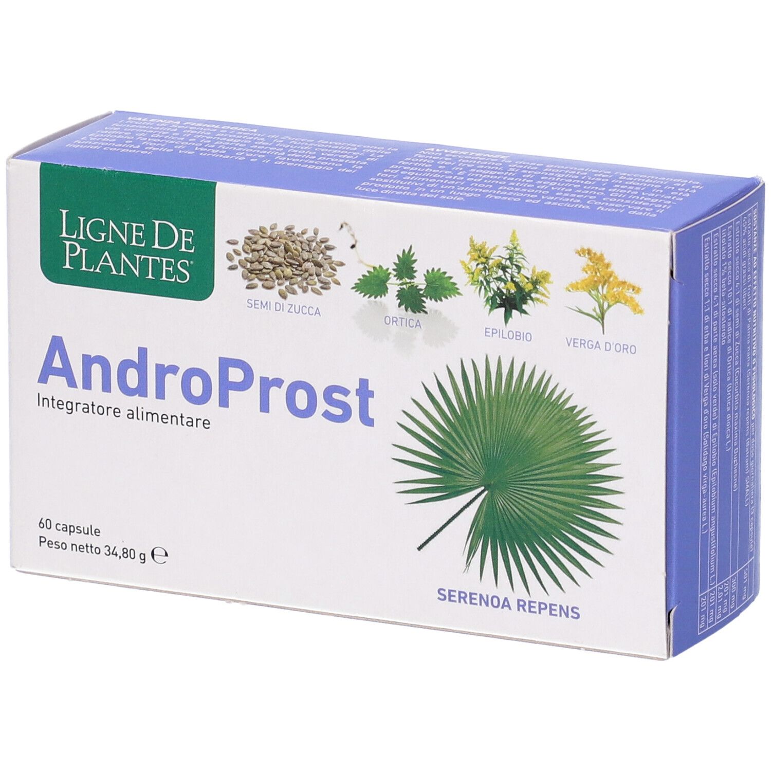 Boîte de gélules AndroProst. Inscription : Ligne de Plantes, 60 gélules, Serenoa Repens. Illustrations de plantes.
