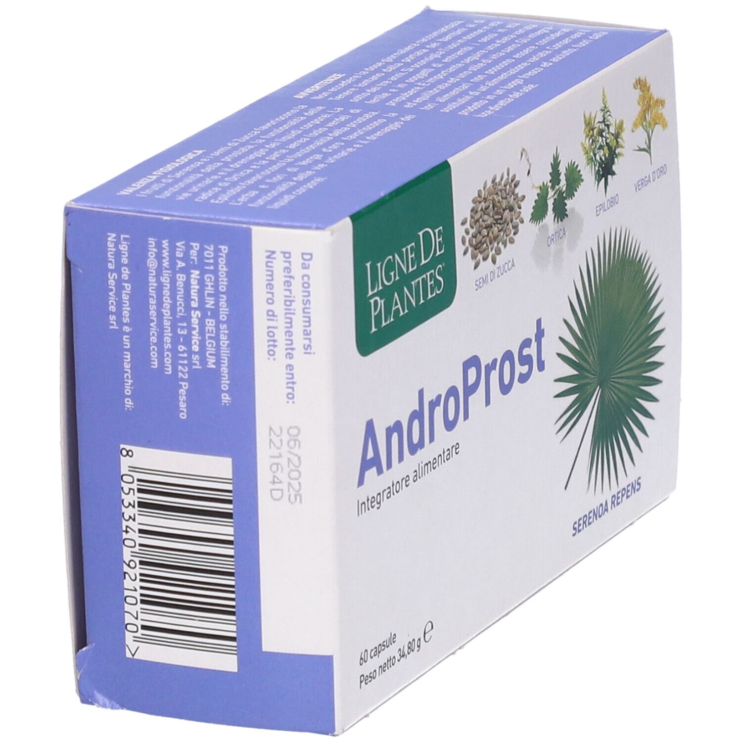 Boîte de gélules AndroProst. Inscription : Ligne de Plantes, 60 gélules, Serenoa Repens. Verso avec texte et code-barres.