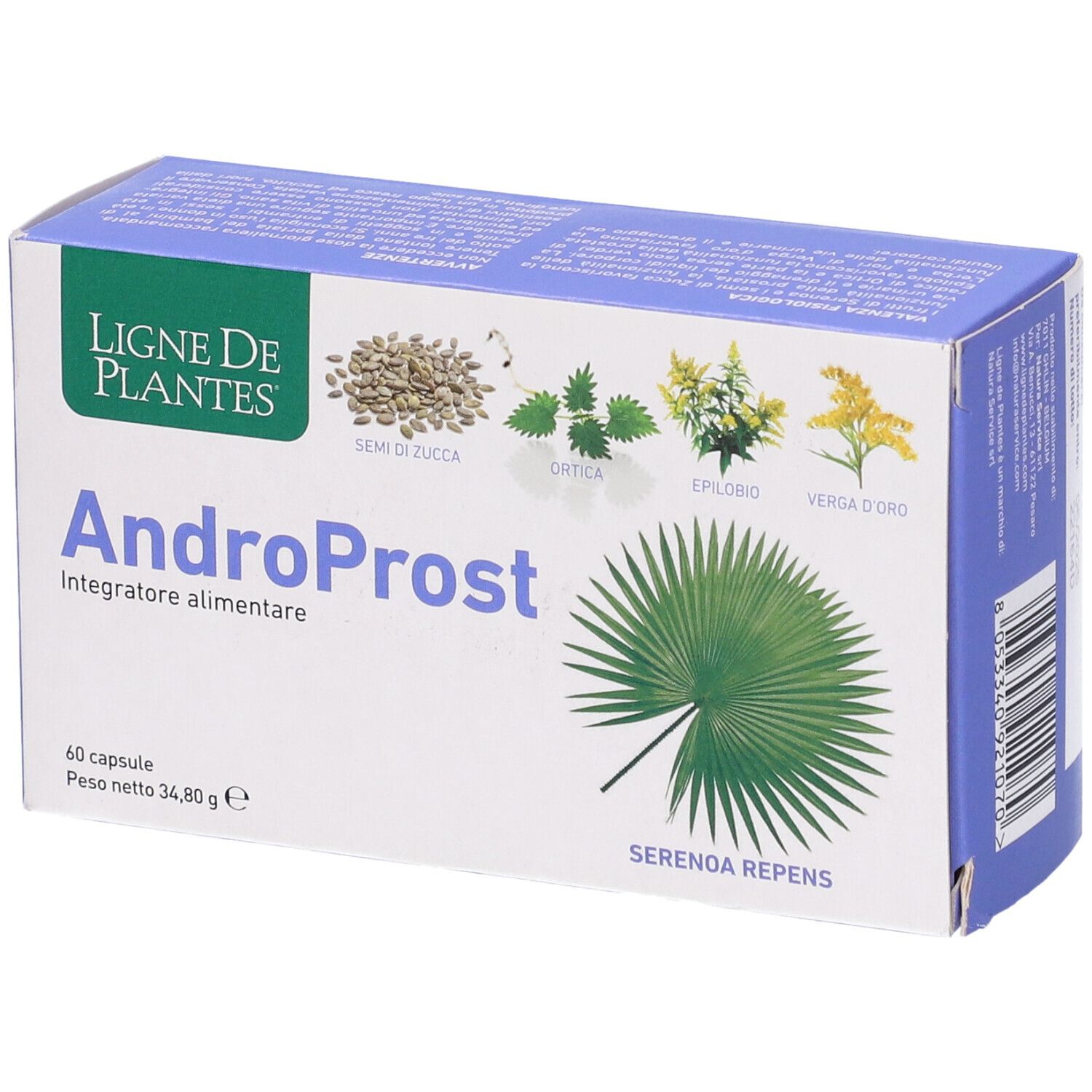 Boîte de gélules AndroProst. Inscription : Ligne de Plantes, 60 gélules, Serenoa Repens. Illustrations de plantes.