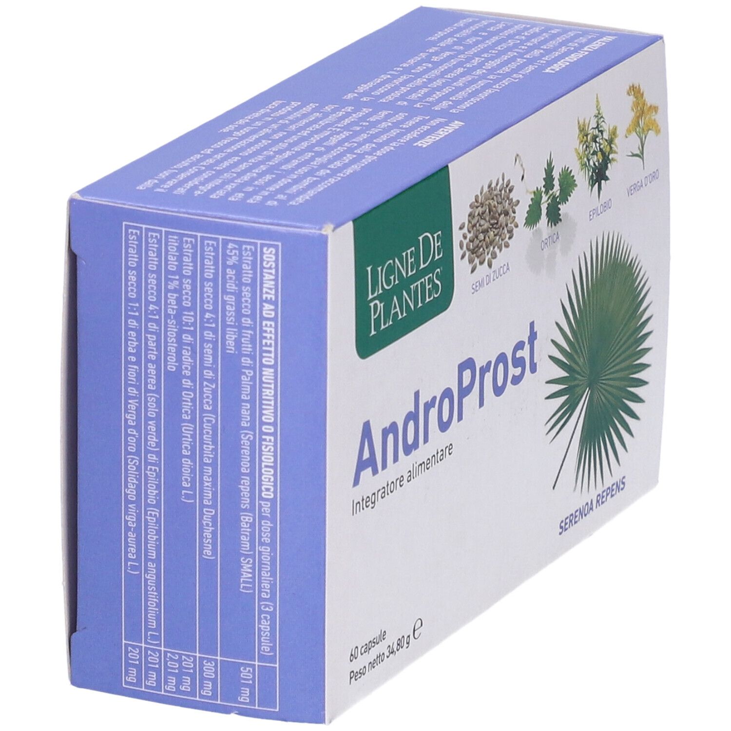 Boîte de gélules AndroProst. Inscription : Ligne de Plantes, 60 gélules, Serenoa Repens. Verso avec ingrédients.