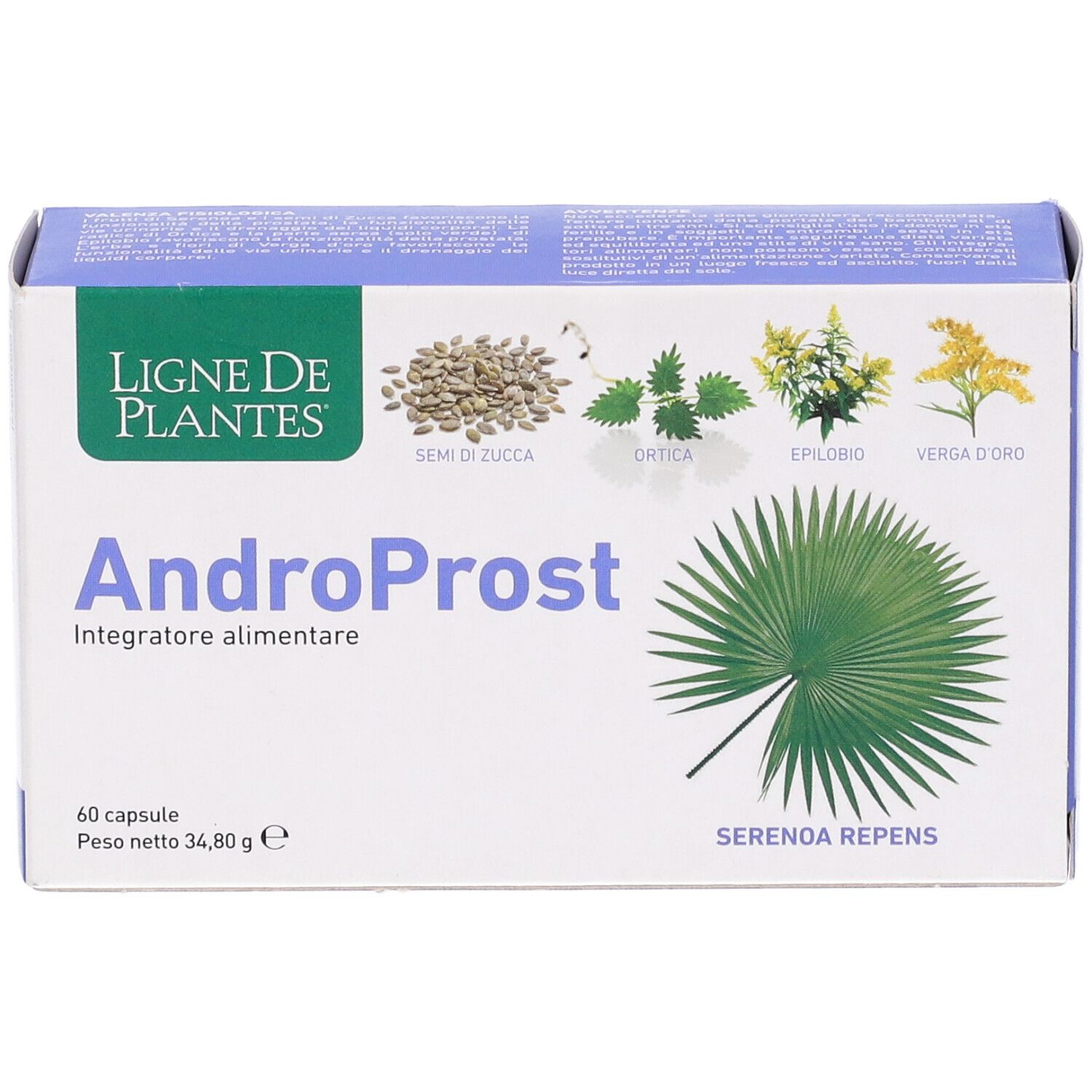 Boîte de gélules AndroProst. Inscription : Ligne de Plantes, 60 gélules, Serenoa Repens. Illustrations de plantes.