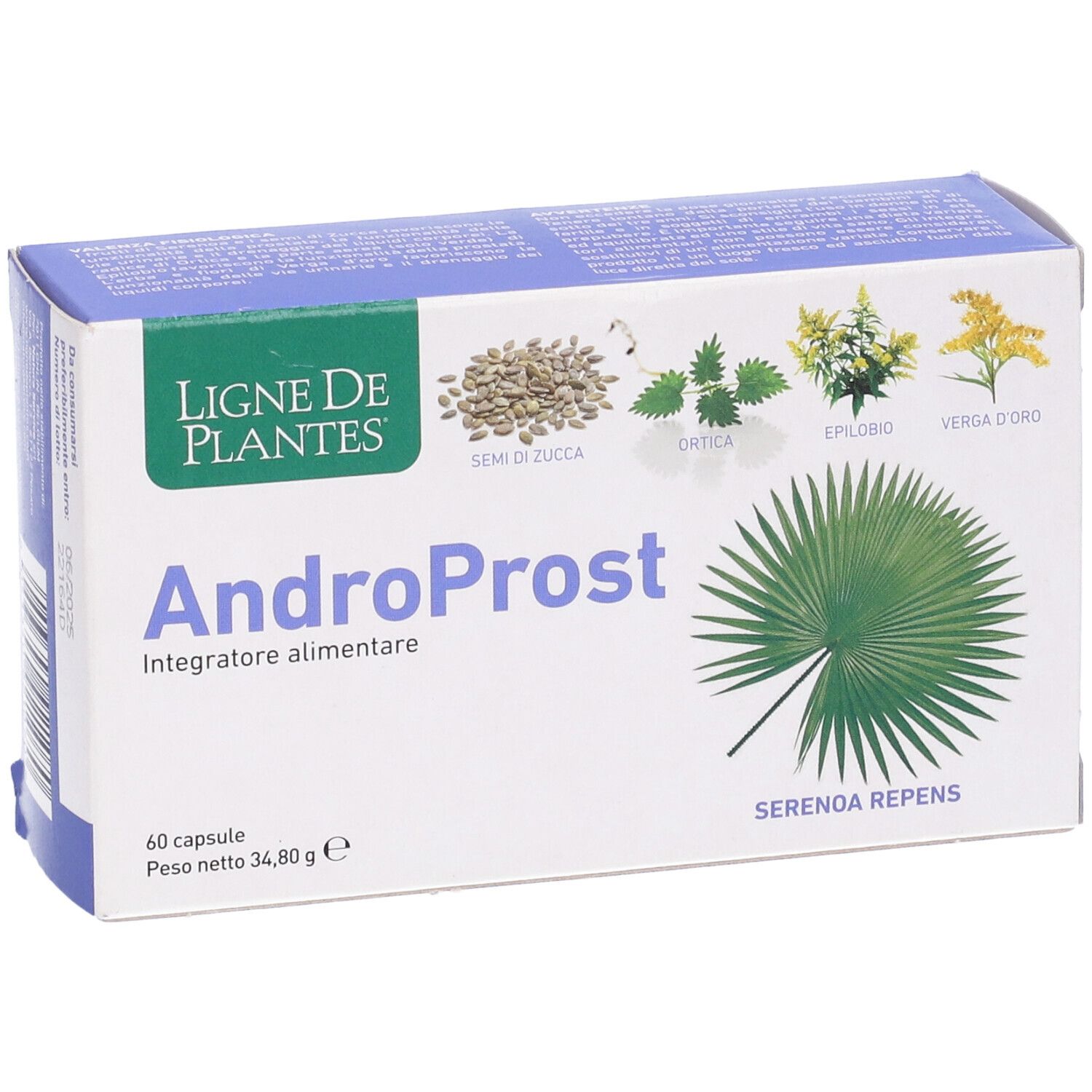 Boîte de gélules AndroProst. Inscription : Ligne de Plantes, 60 gélules, Serenoa Repens. Illustrations de plantes.
