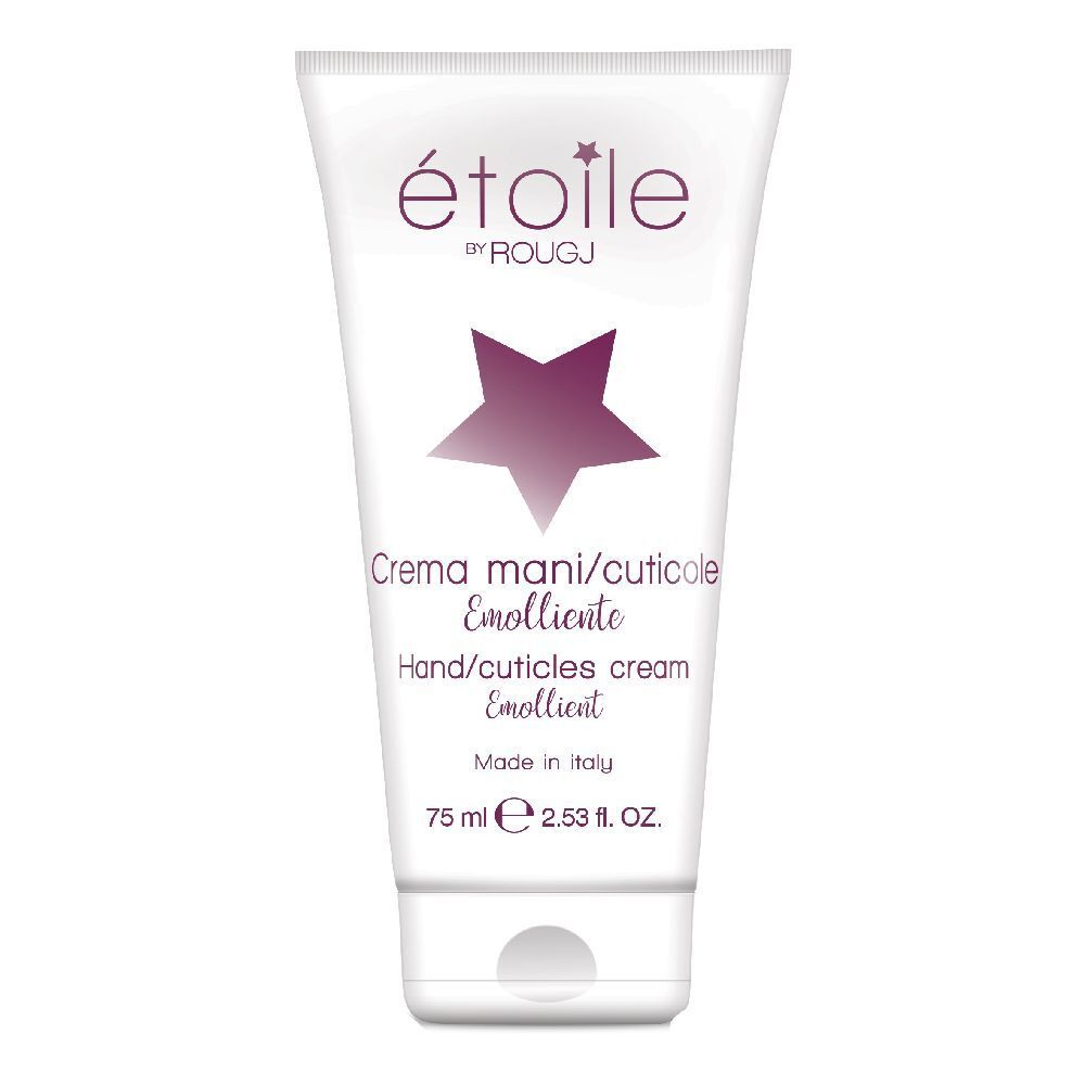 Tube blanc avec étoile violette et texte. Crème mains et cuticules. Marque : Étoile by Rougj.